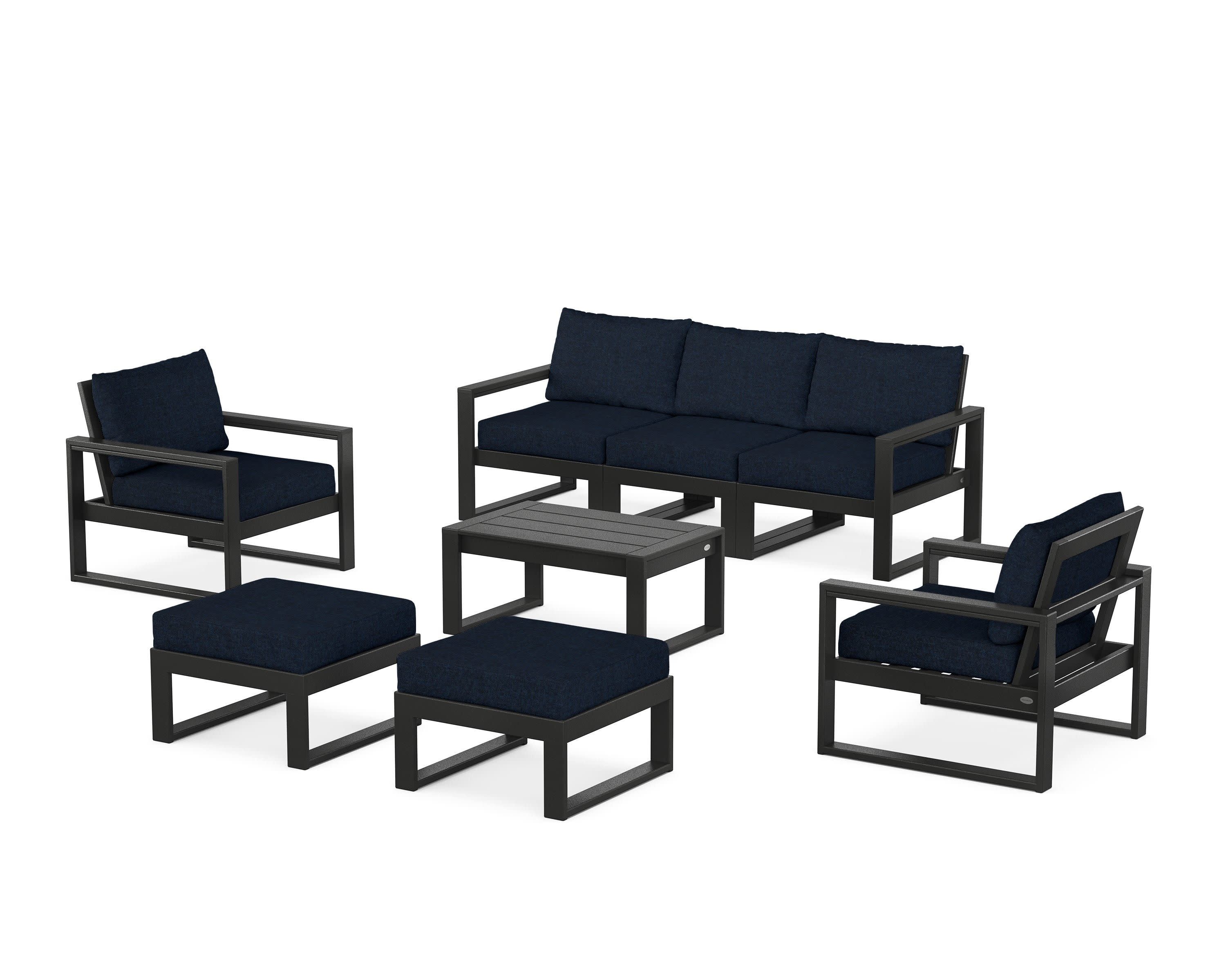 EDGE Sectional 8-Piece Lounge Sofa Set in Black / Marine Indigo