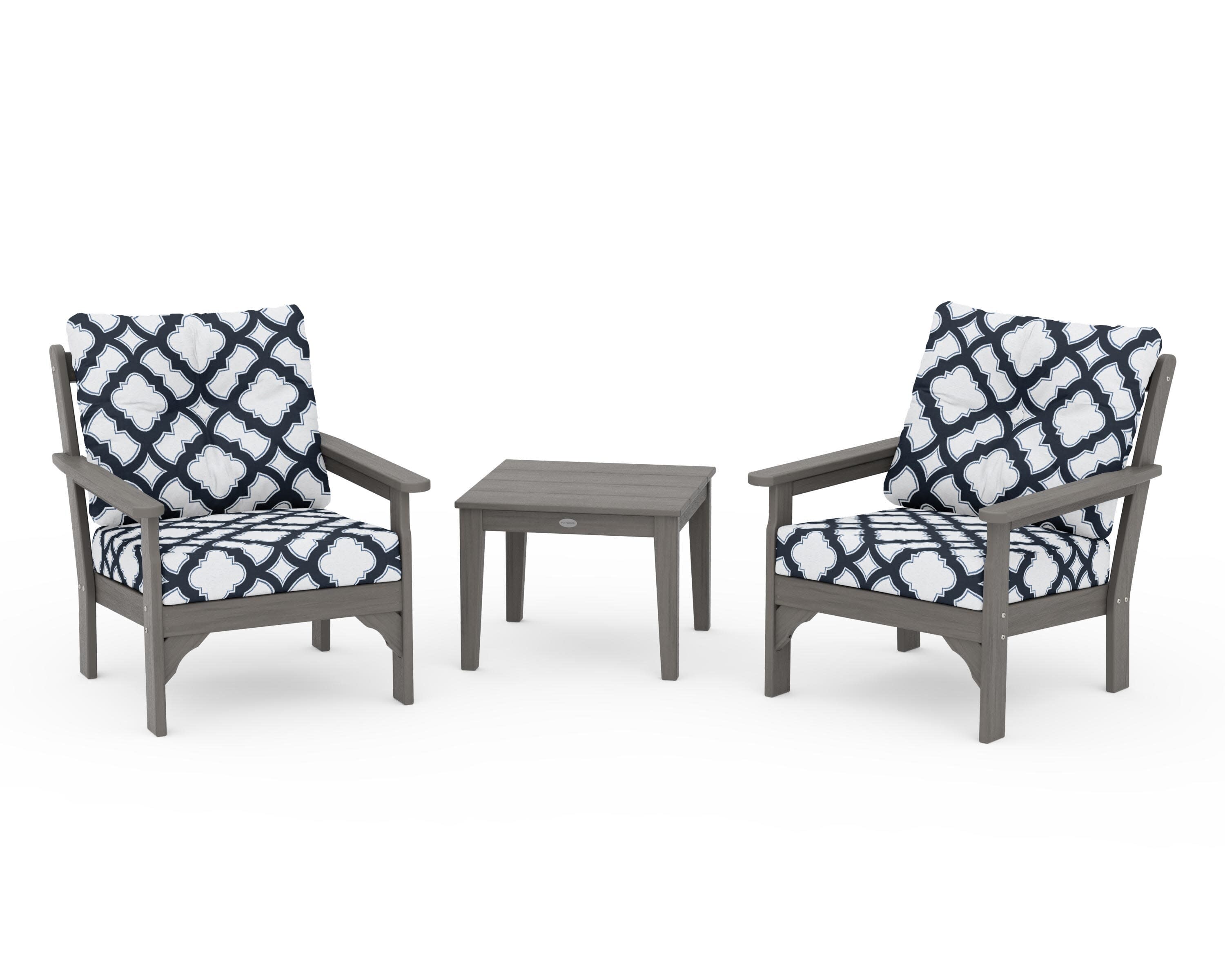 Vineyard 3-Piece Deep Seating Set in Driftwood / Trellis Marine Indigo
