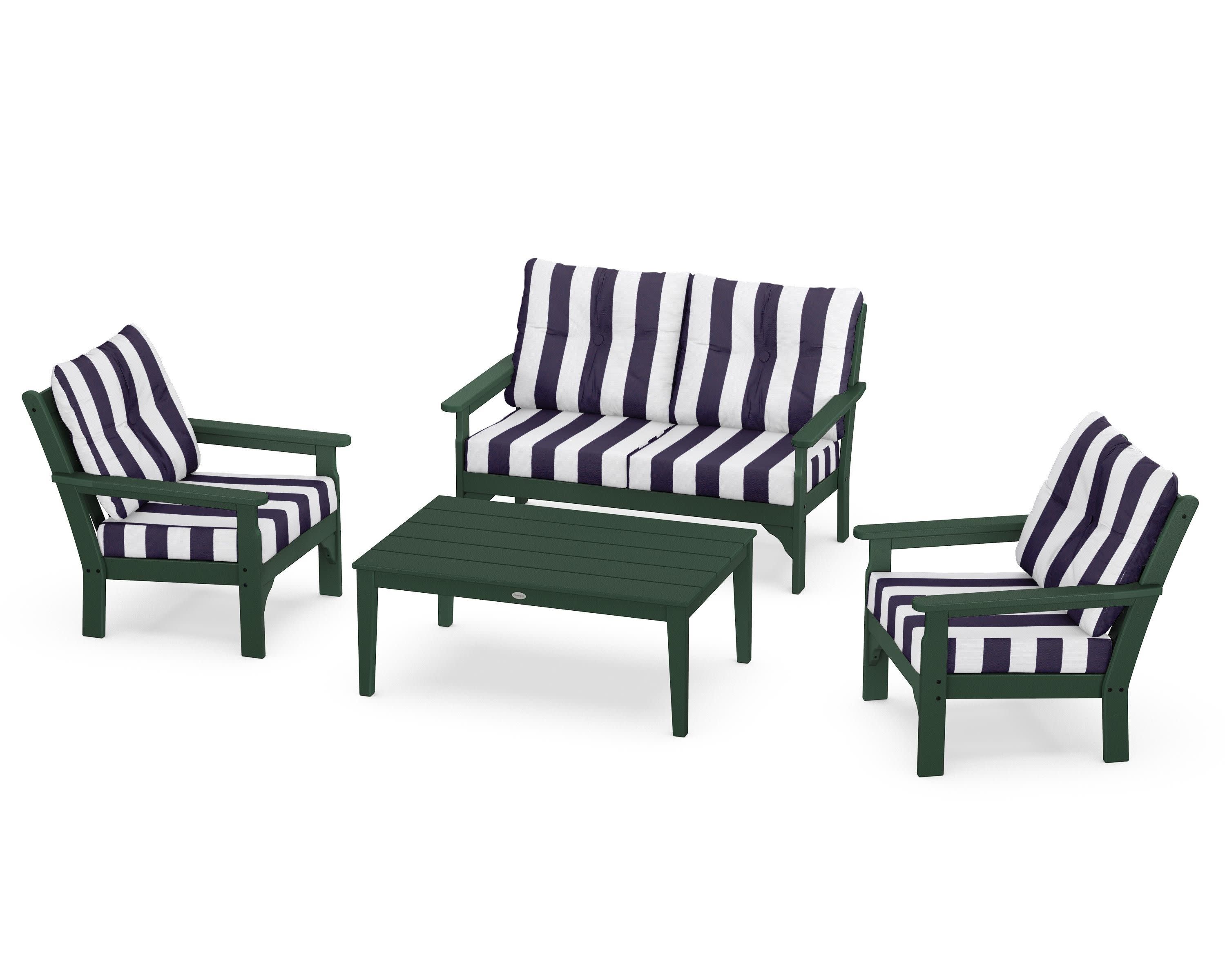 Vineyard 4-Piece Deep Seating Set in Green / Cabana Stripe Navy