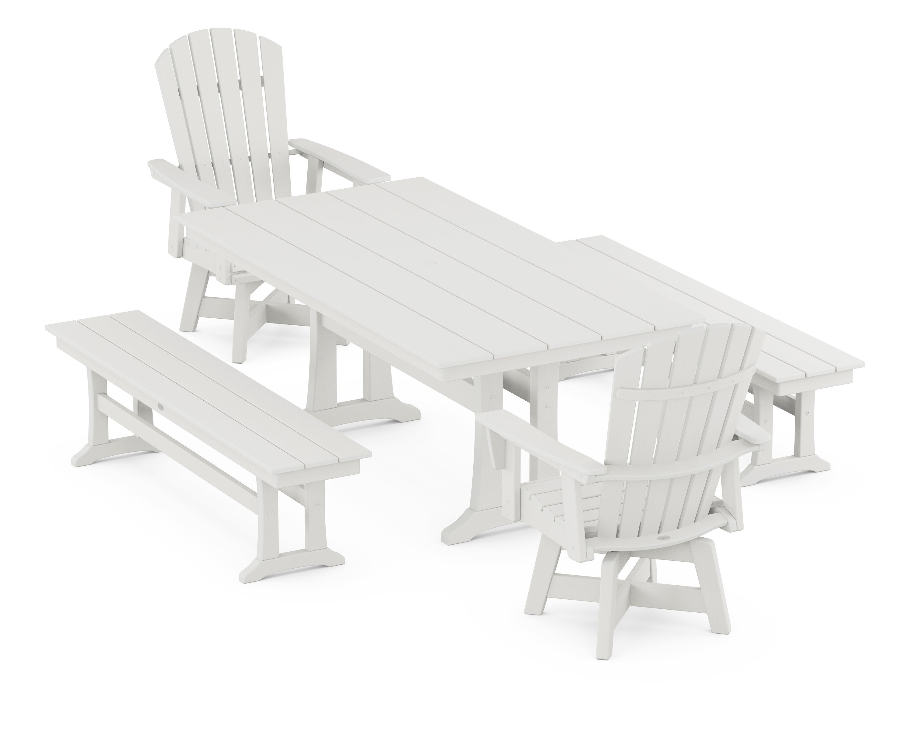 Nautical Curveback Adirondack Swivel Chair 5-Piece Farmhouse Dining Set With Trestle Legs and Benches in Vintage White