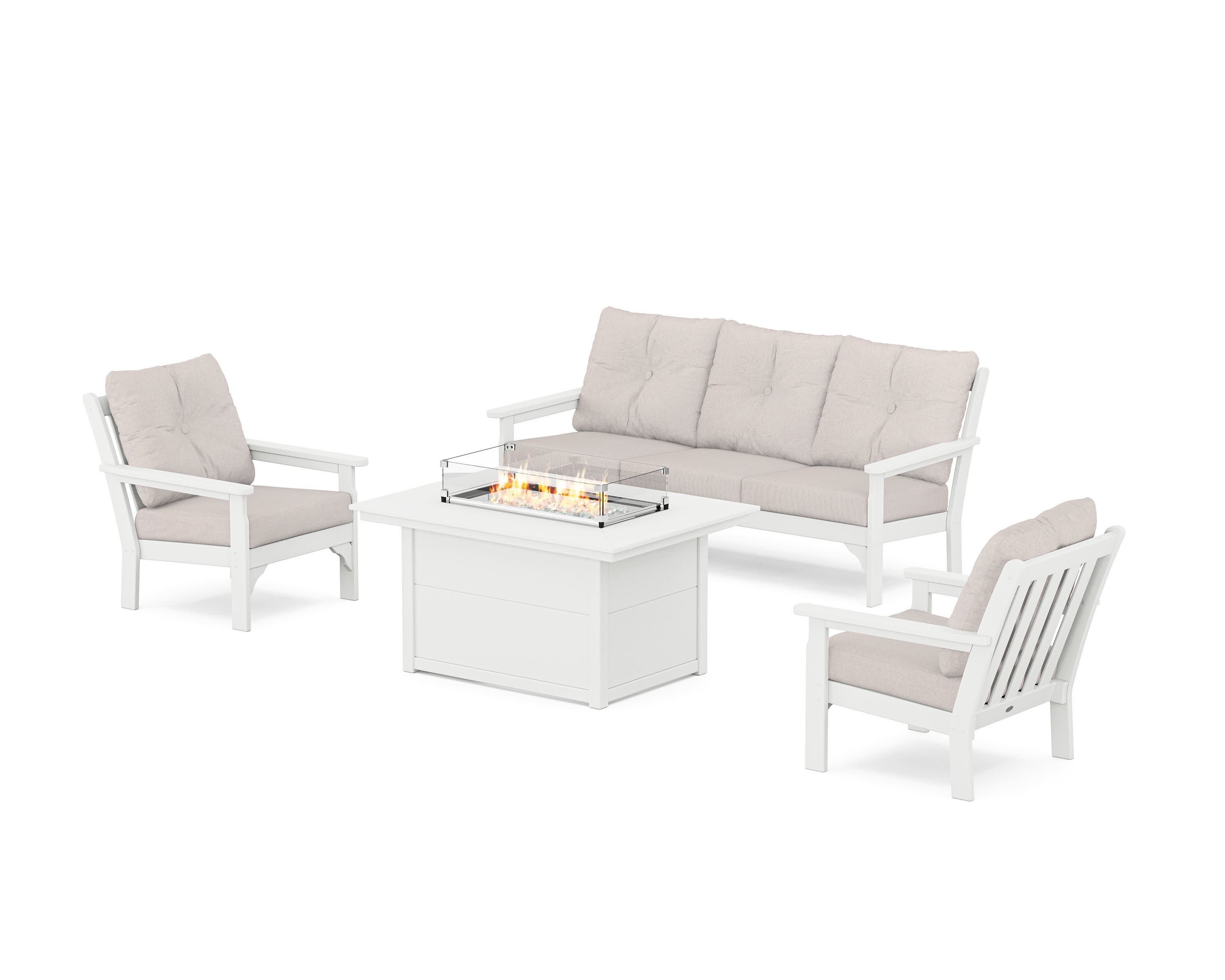 Vineyard Deep Seating Fire Pit Table Set in White / Dune Burlap