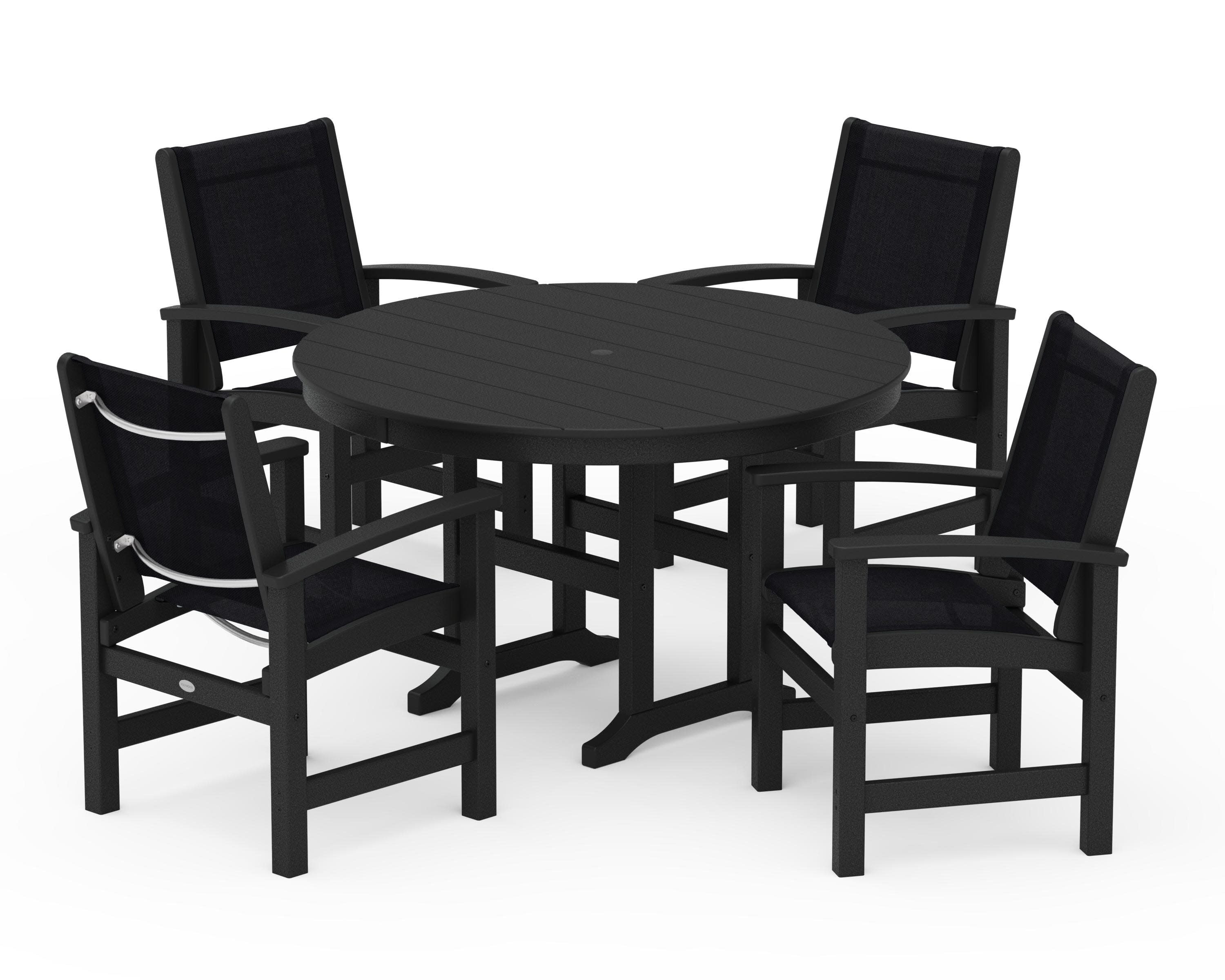 Coastal 5-Piece Round Farmhouse Dining Set in Black / Black Sling