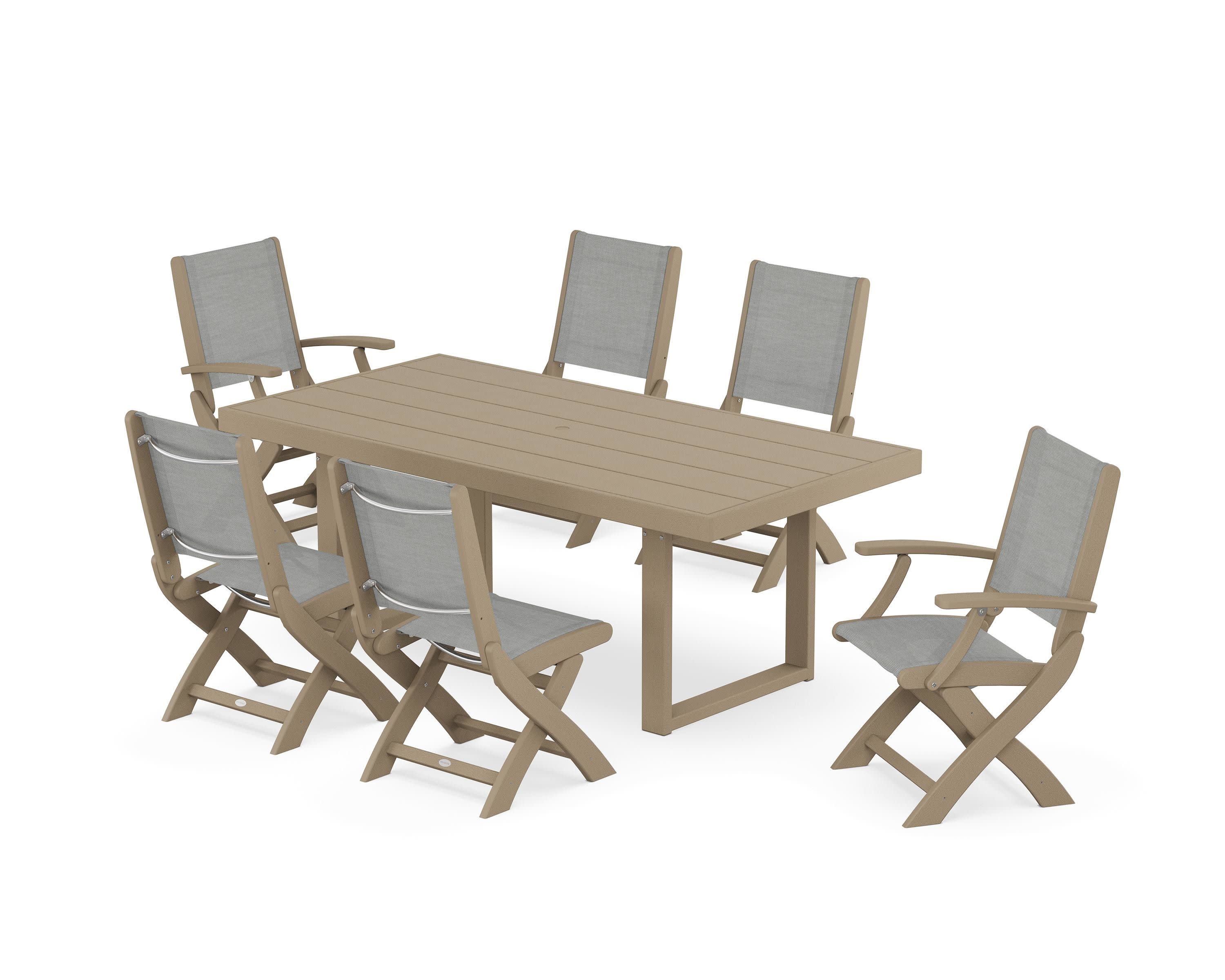 Coastal Folding Chair 7-Piece Dining Set with Trestle Legs in Vintage Sahara / Metallic Sling