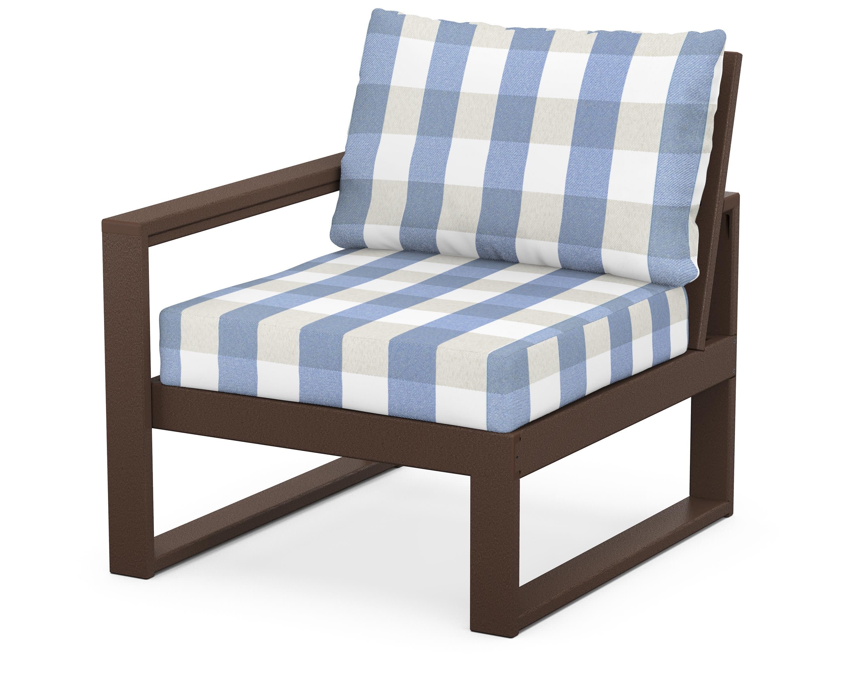 EDGE Modular Left Arm Chair in Mahogany / Buffalo Plaid Sky Blue