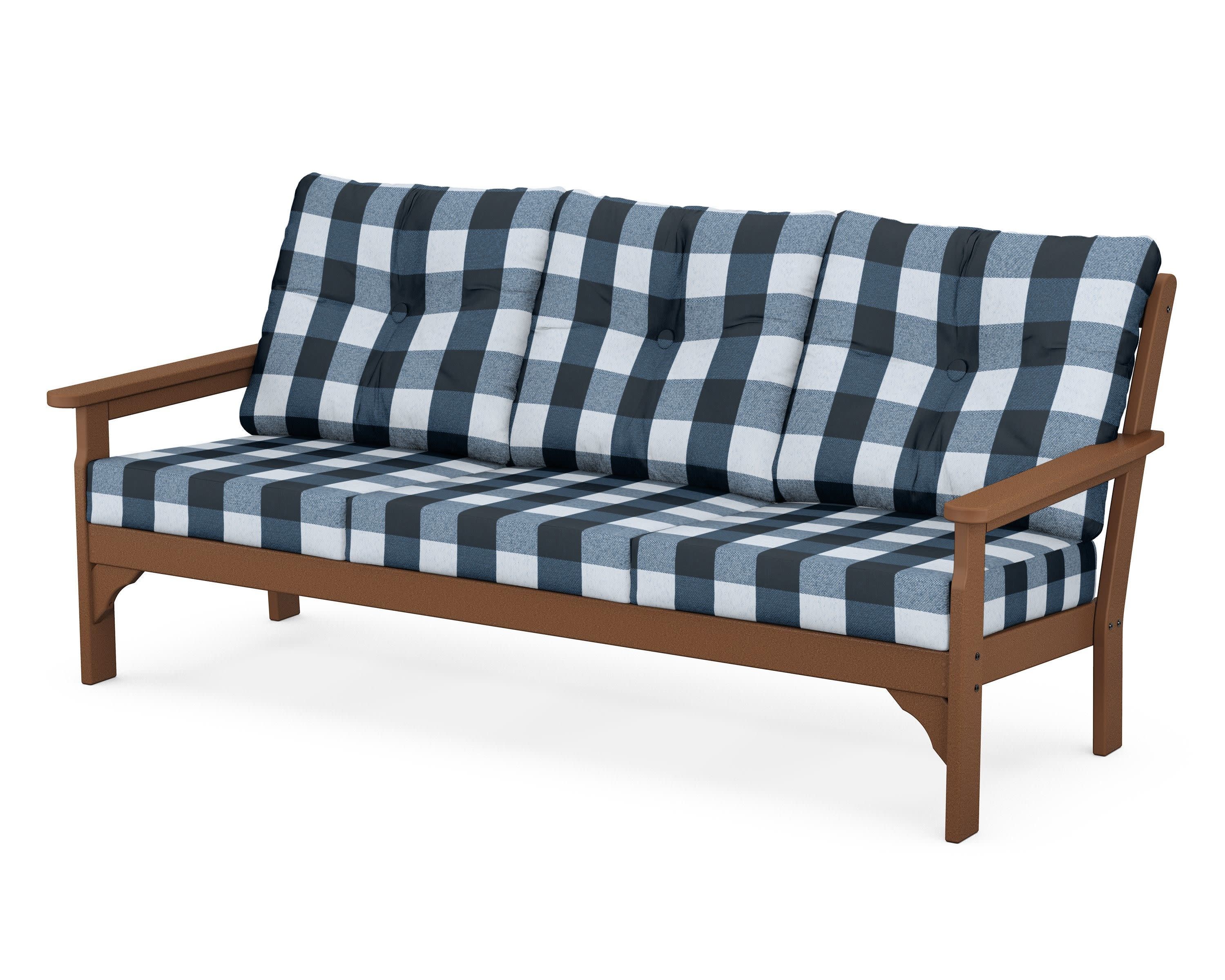 Vineyard Deep Seating Sofa in Teak / Buffalo Plaid Marine Indigo
