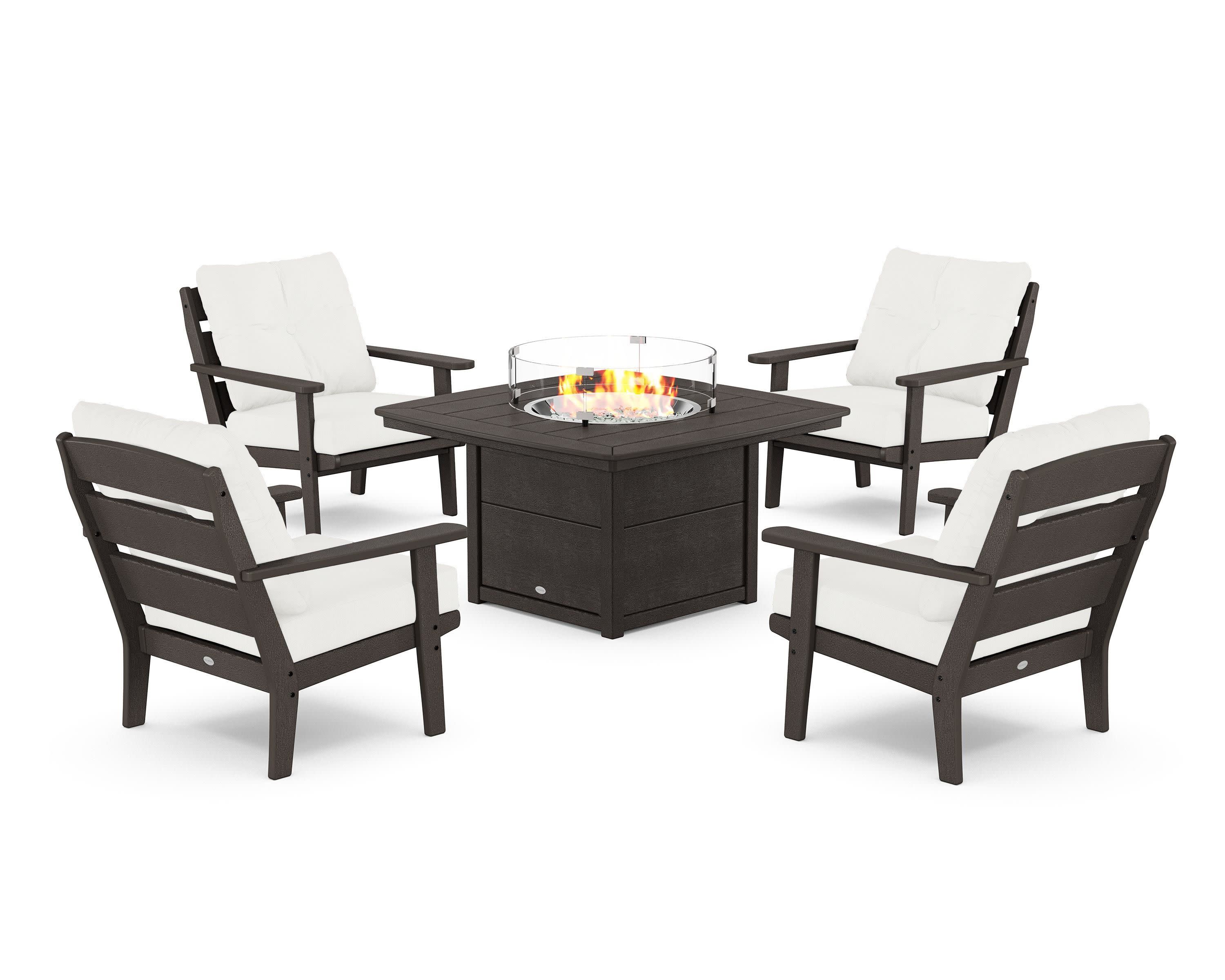 Lakeside 5-Piece Deep Seating Set with Nautical Fire Pit Table in Vintage Coffee / Natural Linen