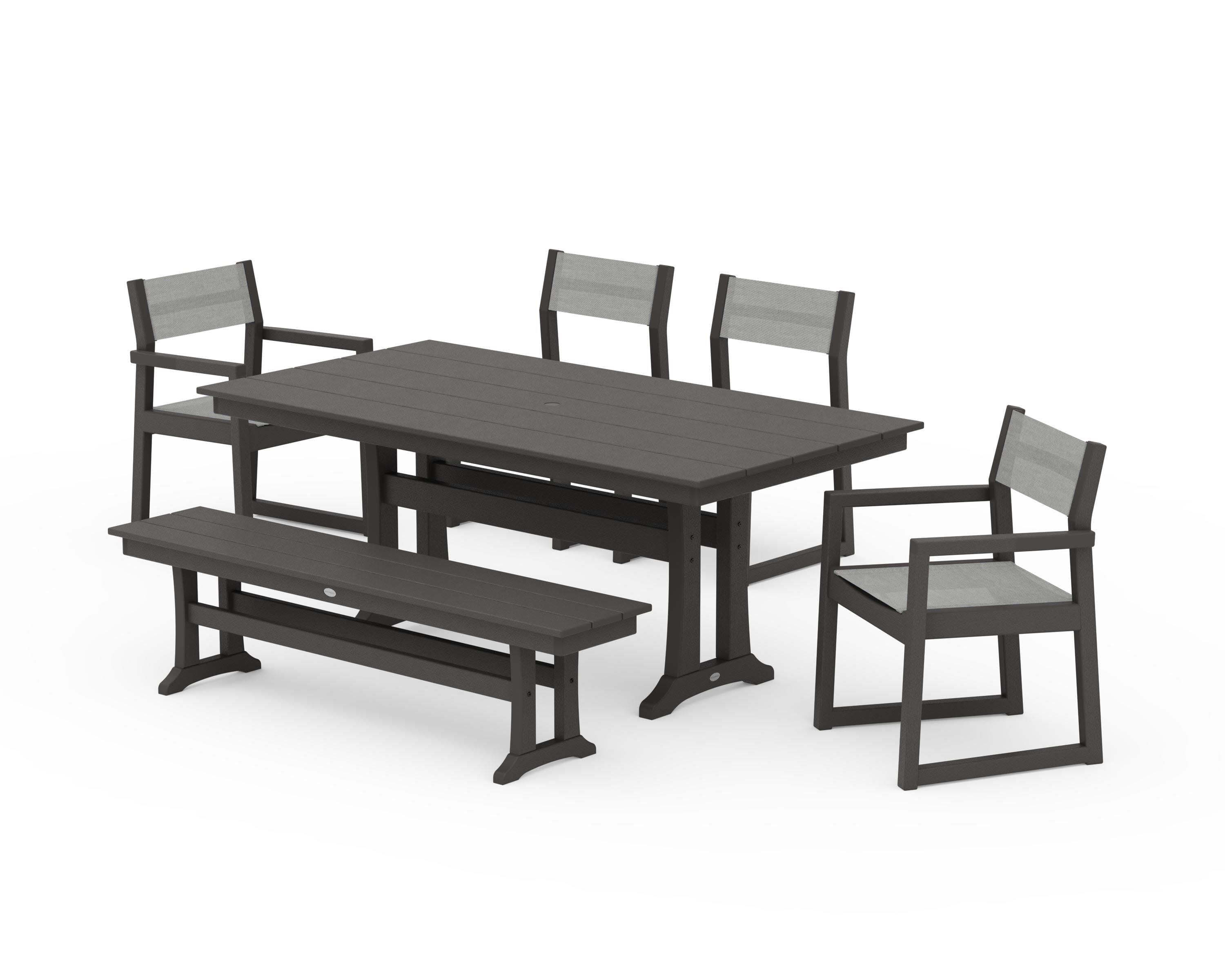EDGE Sling 6-Piece Farmhouse Dining Set With Trestle Legs in Vintage Coffee / Metallic Sling
