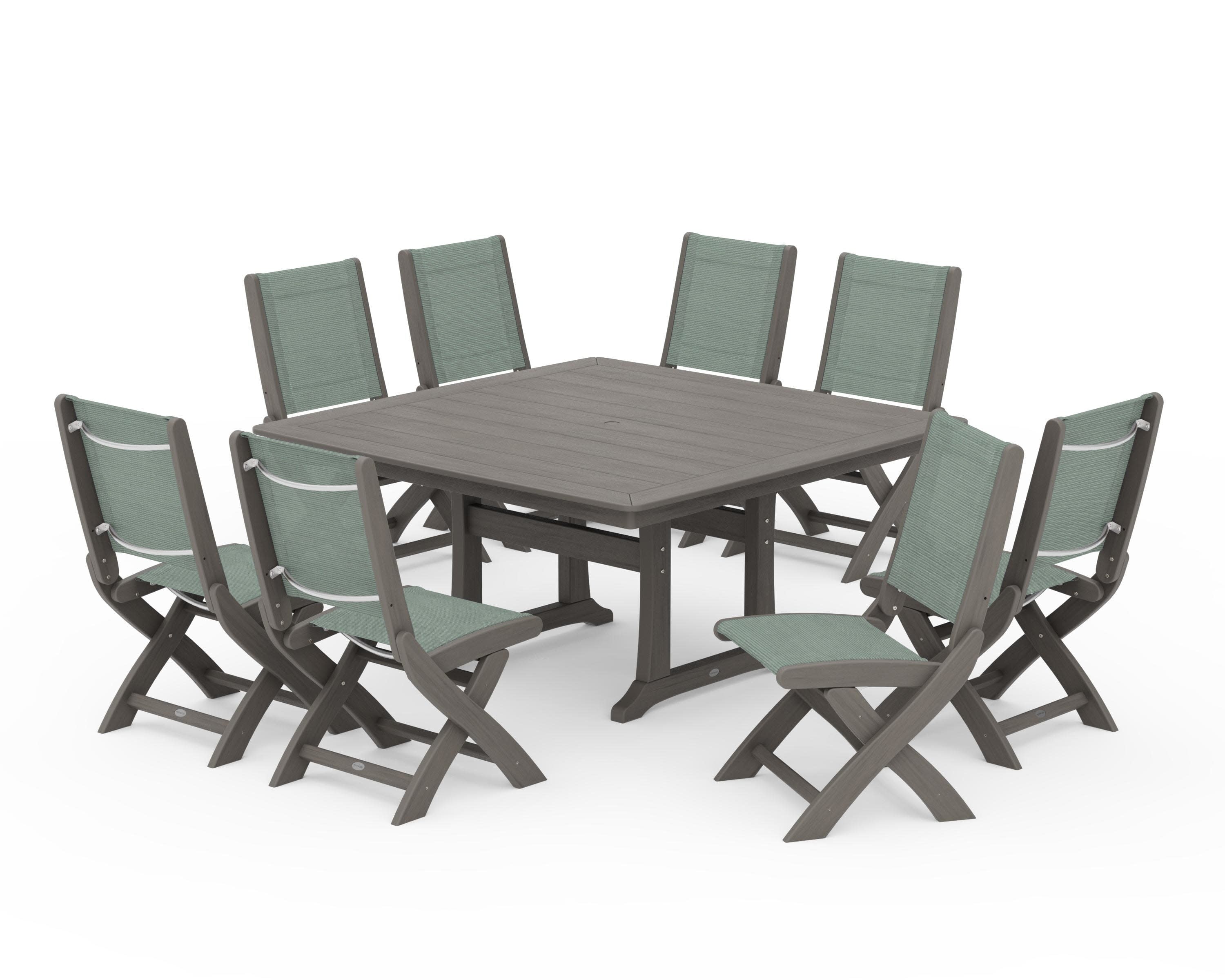 Coastal Folding Side Chair 9-Piece Dining Set with Trestle Legs in Driftwood / Dupioni Sea Mist Sling