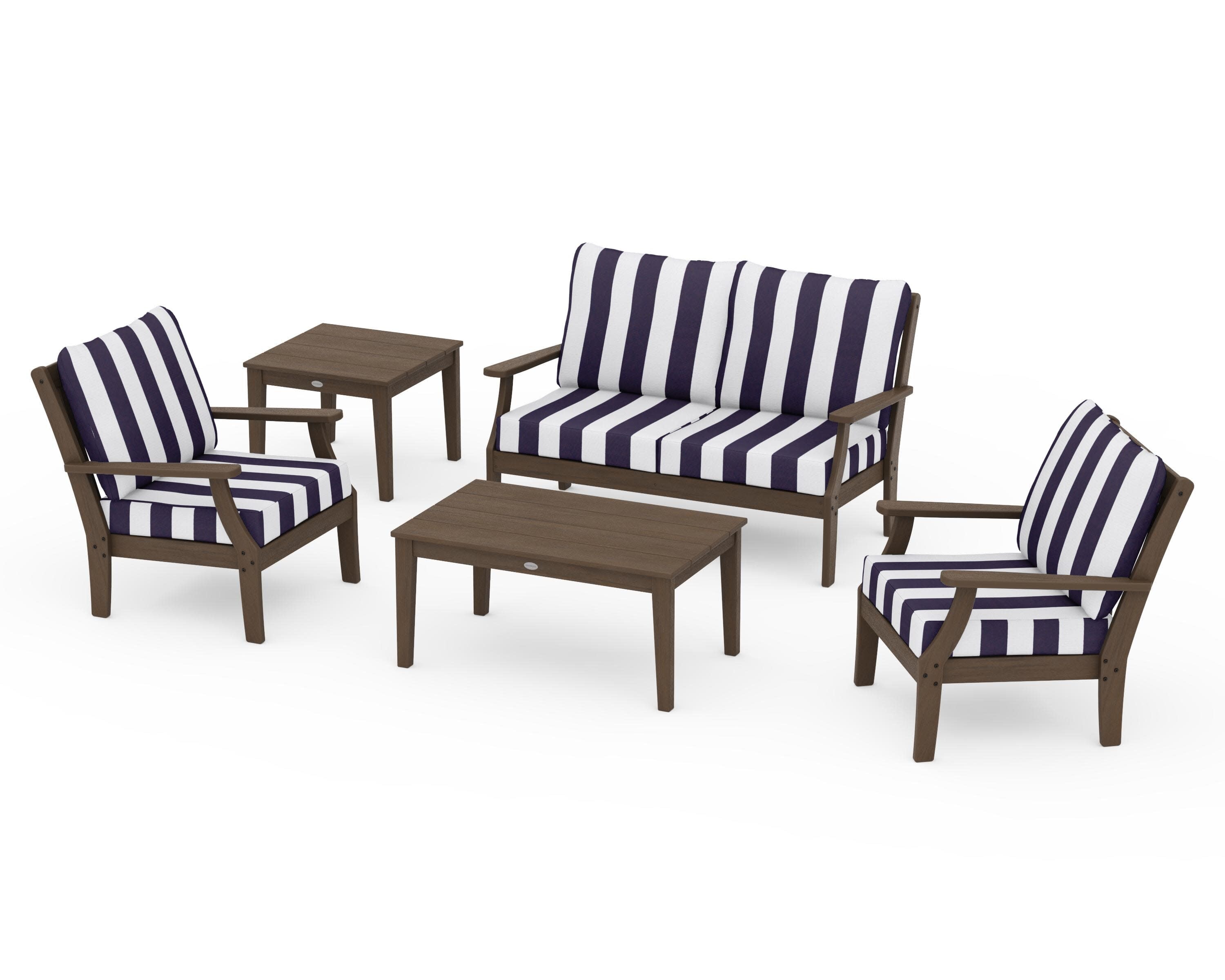 Braxton 5-Piece Deep Seating Set in Kona / Cabana Stripe Navy