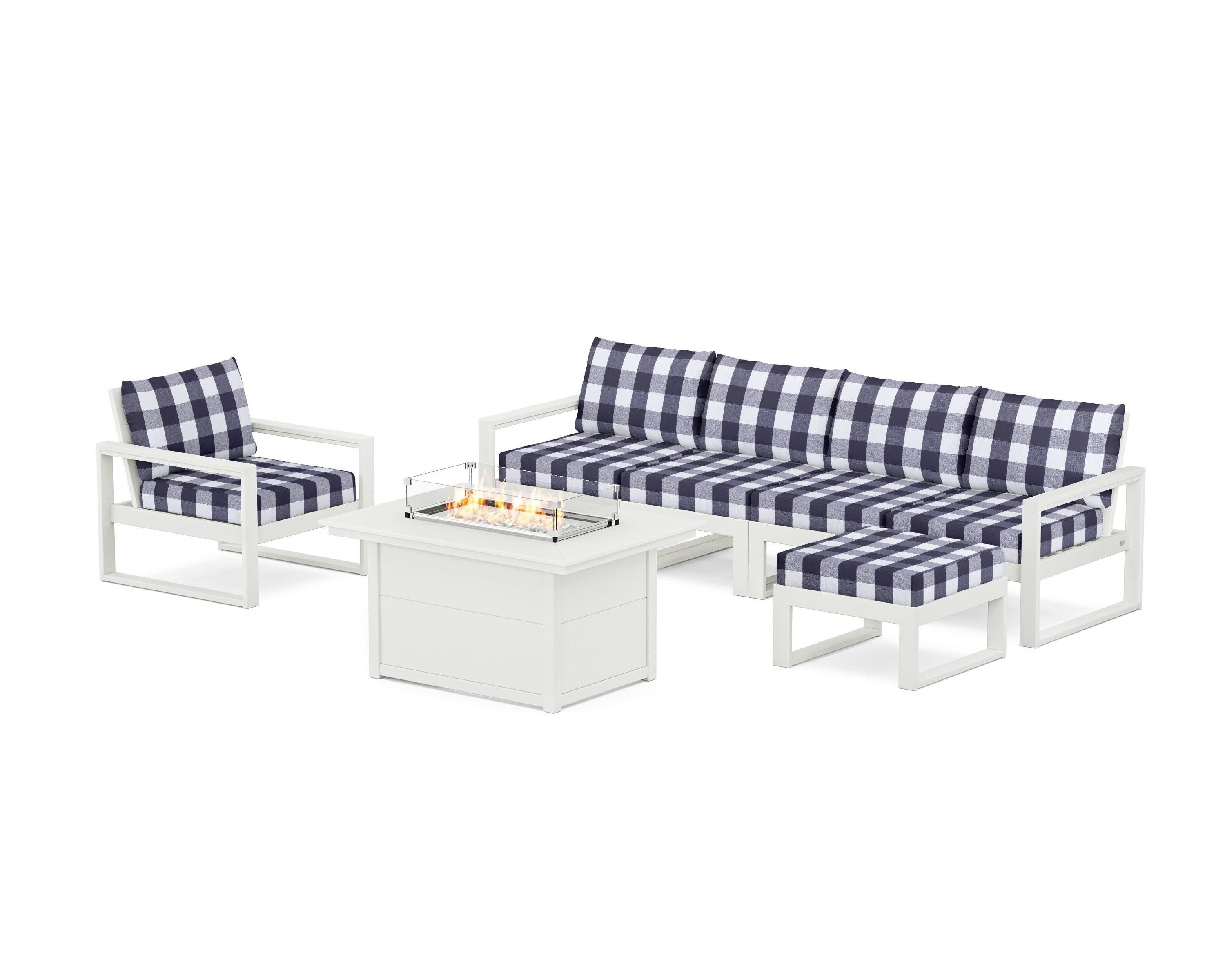 EDGE Sectional Lounge and Fire Pit Set in Vintage White / Buffalo Plaid Navy