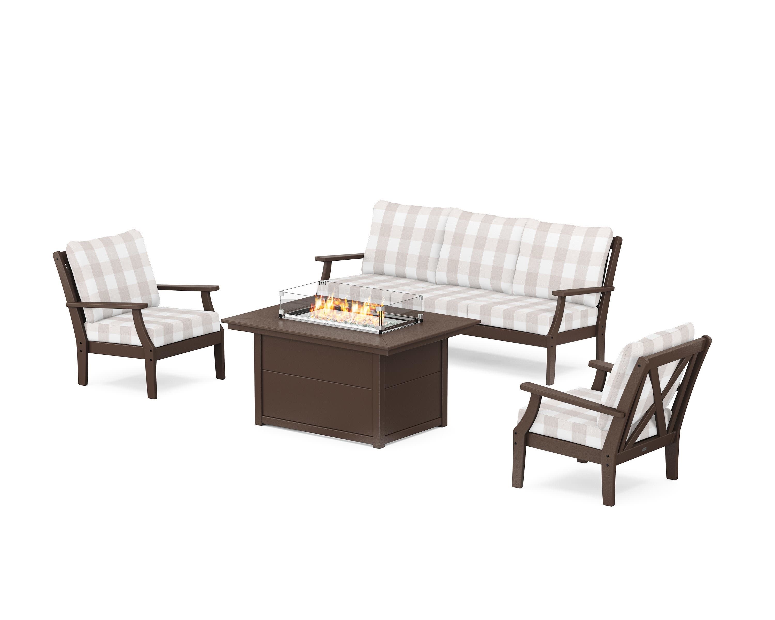 Braxton Deep Seating Fire Pit Table Set in Mahogany / Buffalo Plaid Dune Burlap