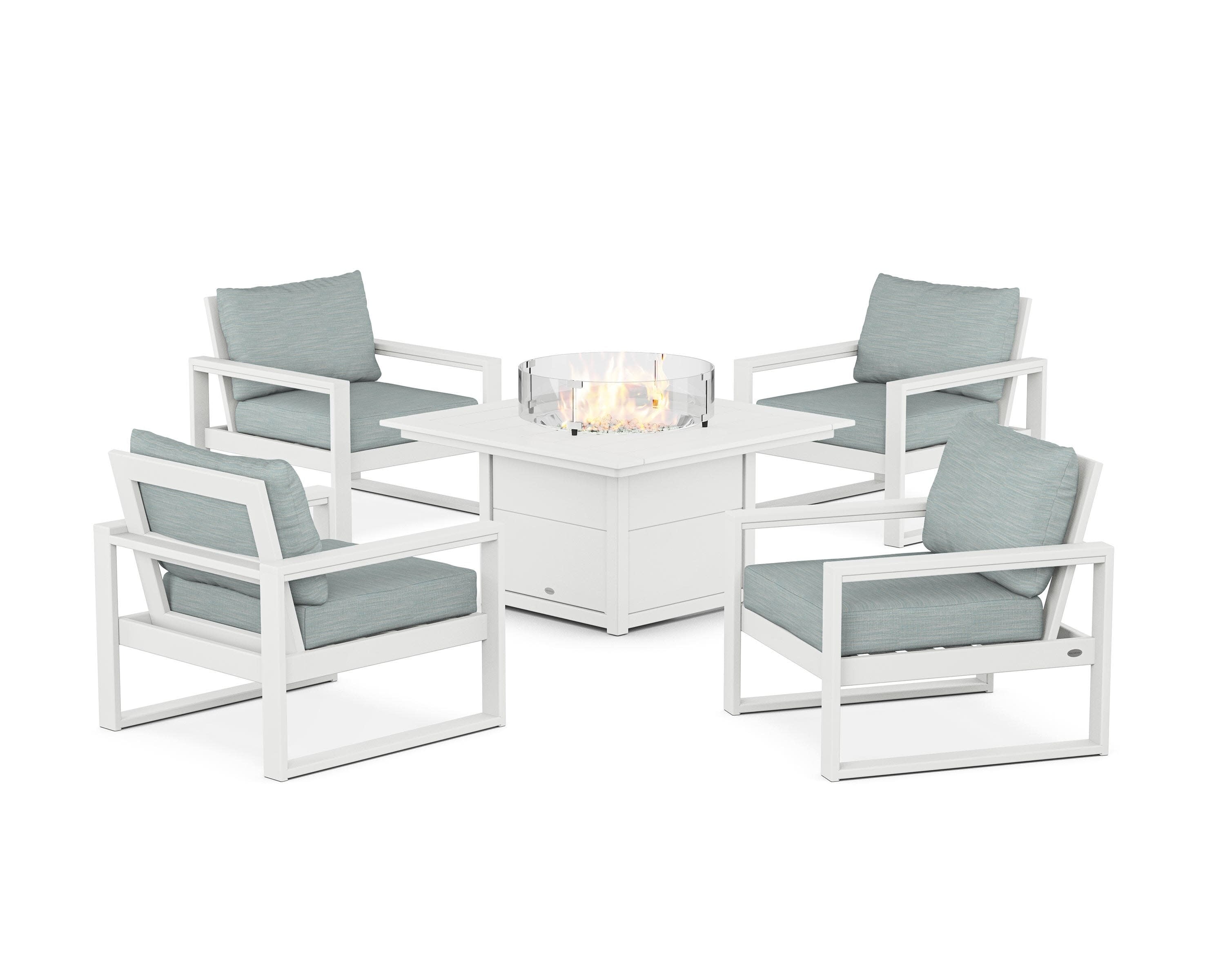 EDGE Sectional 5-Piece Deep Seating Set with Fire Pit Table in White / Soothe Mist