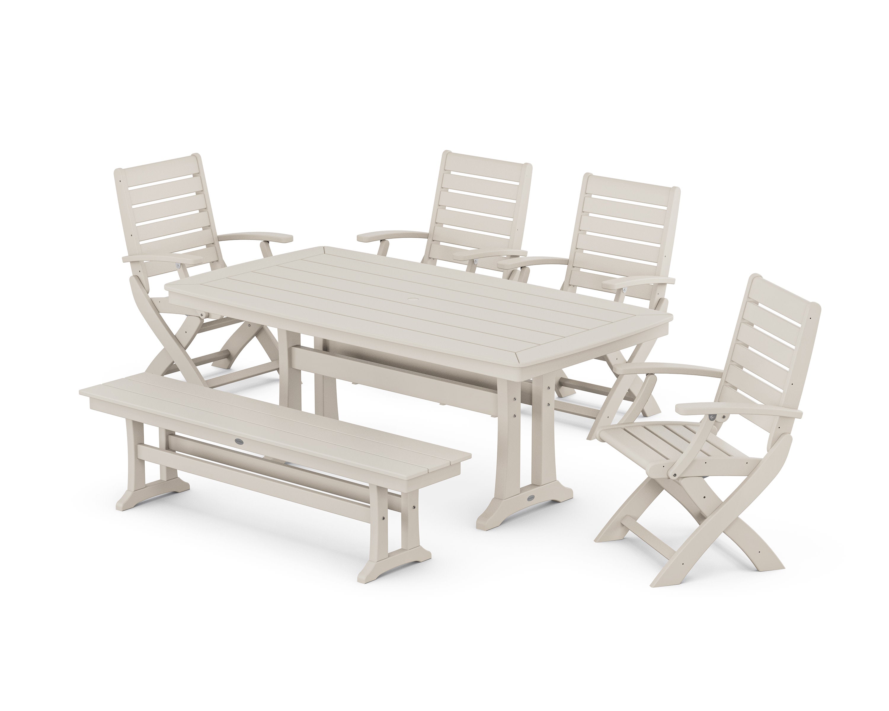 Signature Folding Chair 6-Piece Dining Set with Trestle Legs and Bench in Sand