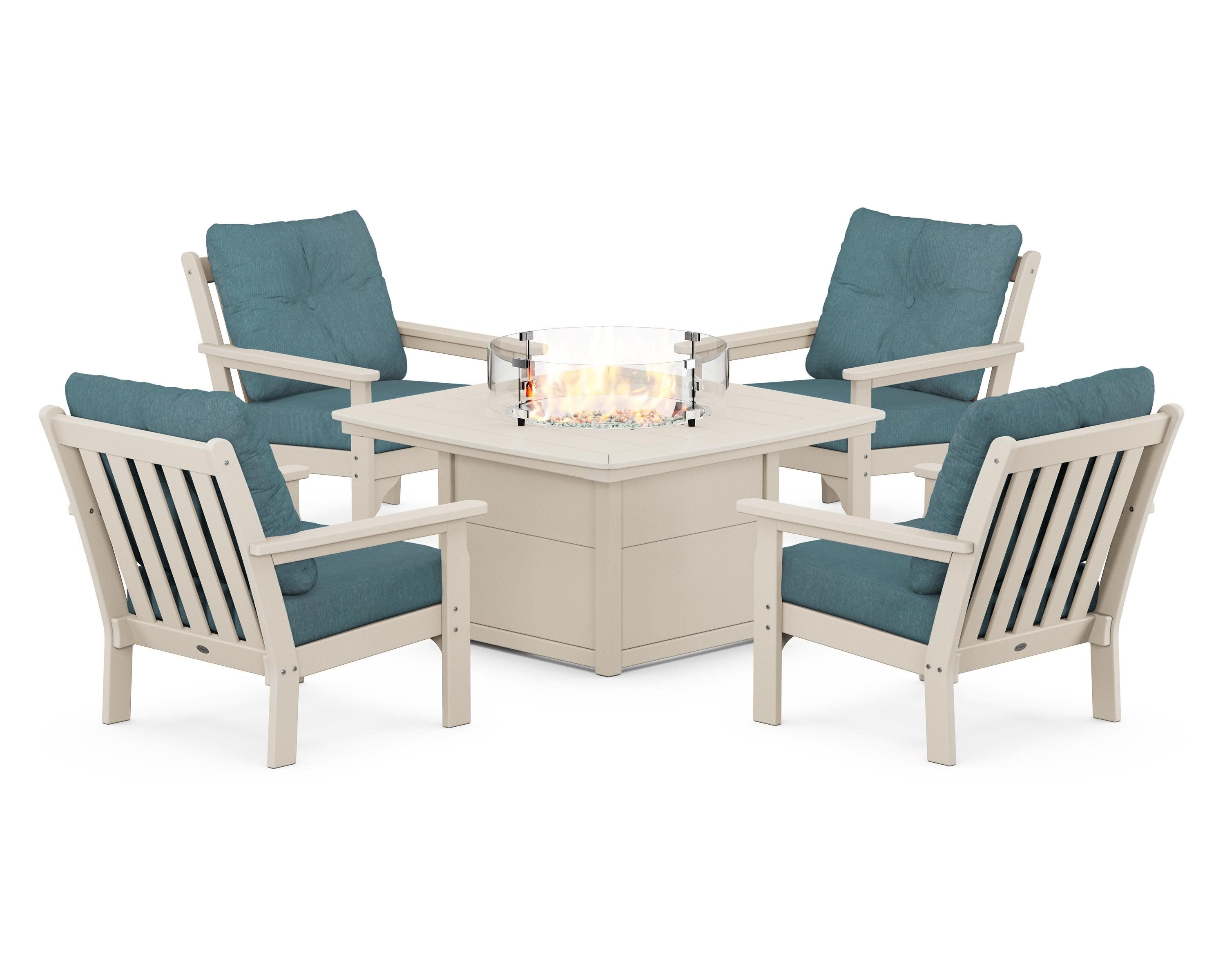 Vineyard 5-Piece Conversation Set with Fire Pit Table in Sand / Ocean Teal