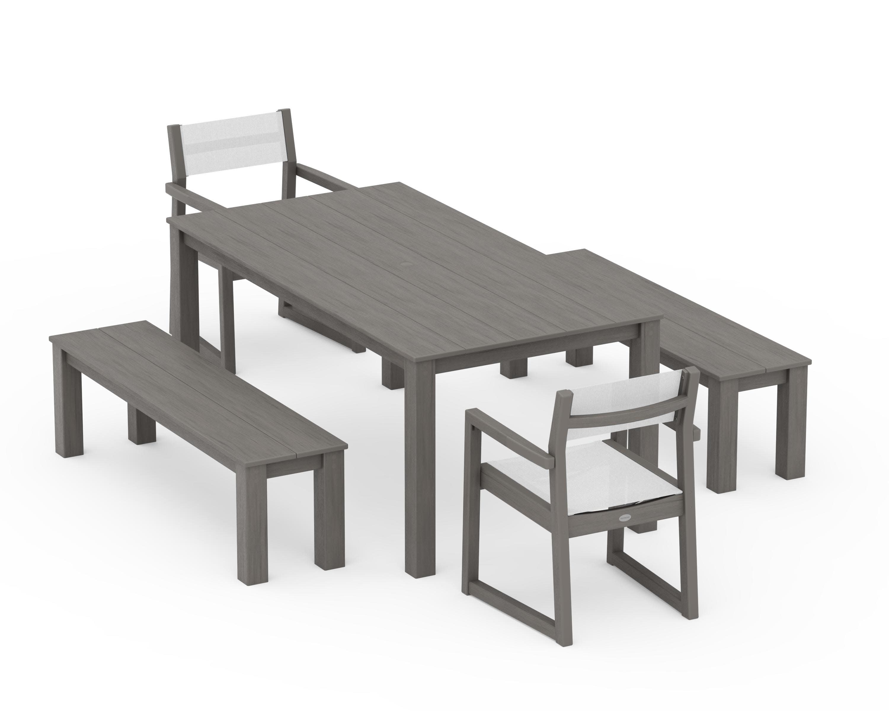EDGE Sling Arm Chair 5-Piece Parsons Dining Set with Benches in Driftwood / White Sling
