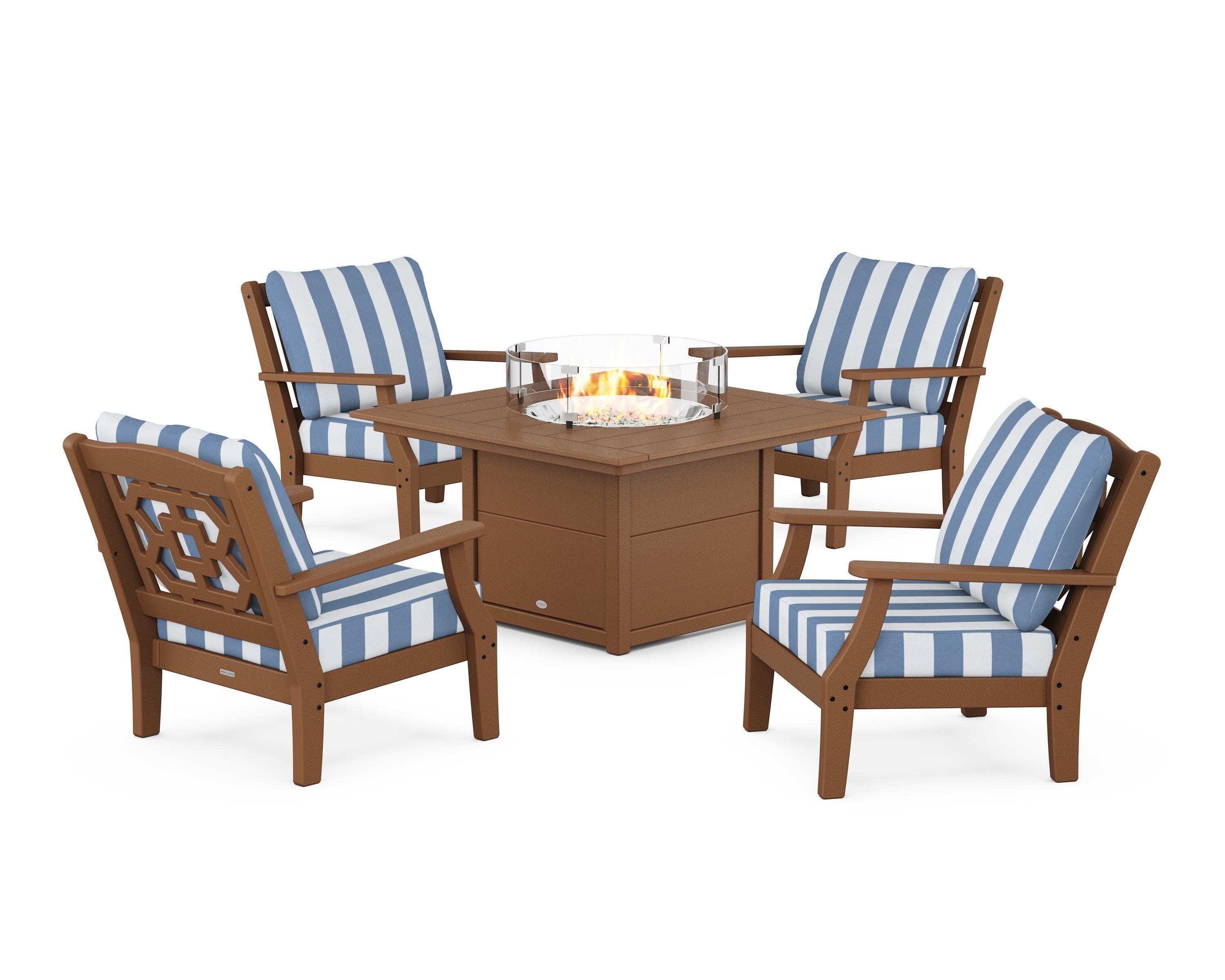 Chinoiserie 5-Piece Deep Seating Set with Fire Pit Table in Teak / Cabana Stripe Sky Blue