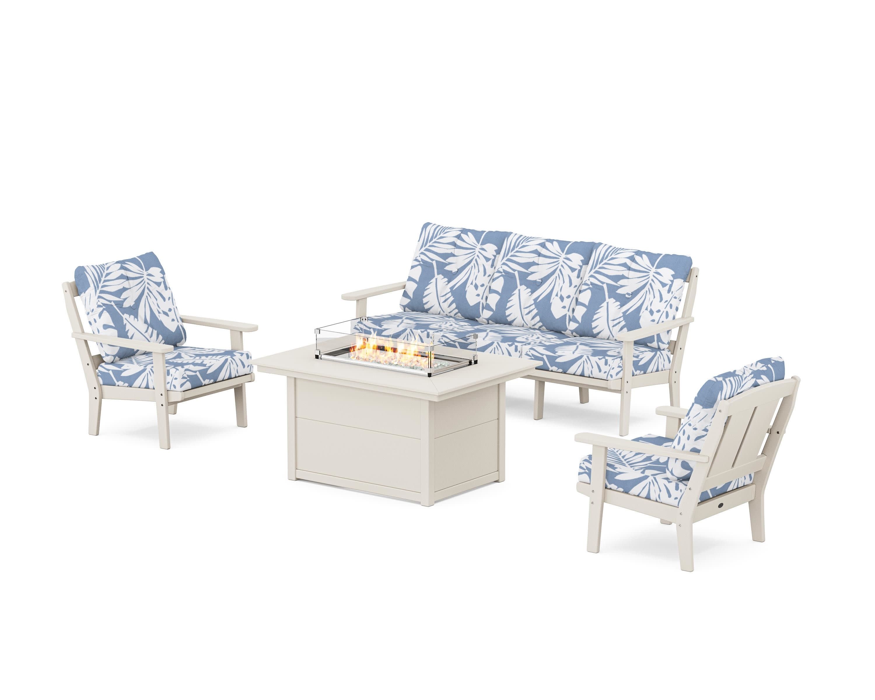 Mission Deep Seating Fire Pit Table Set in Sand / Leaf Sky Blue