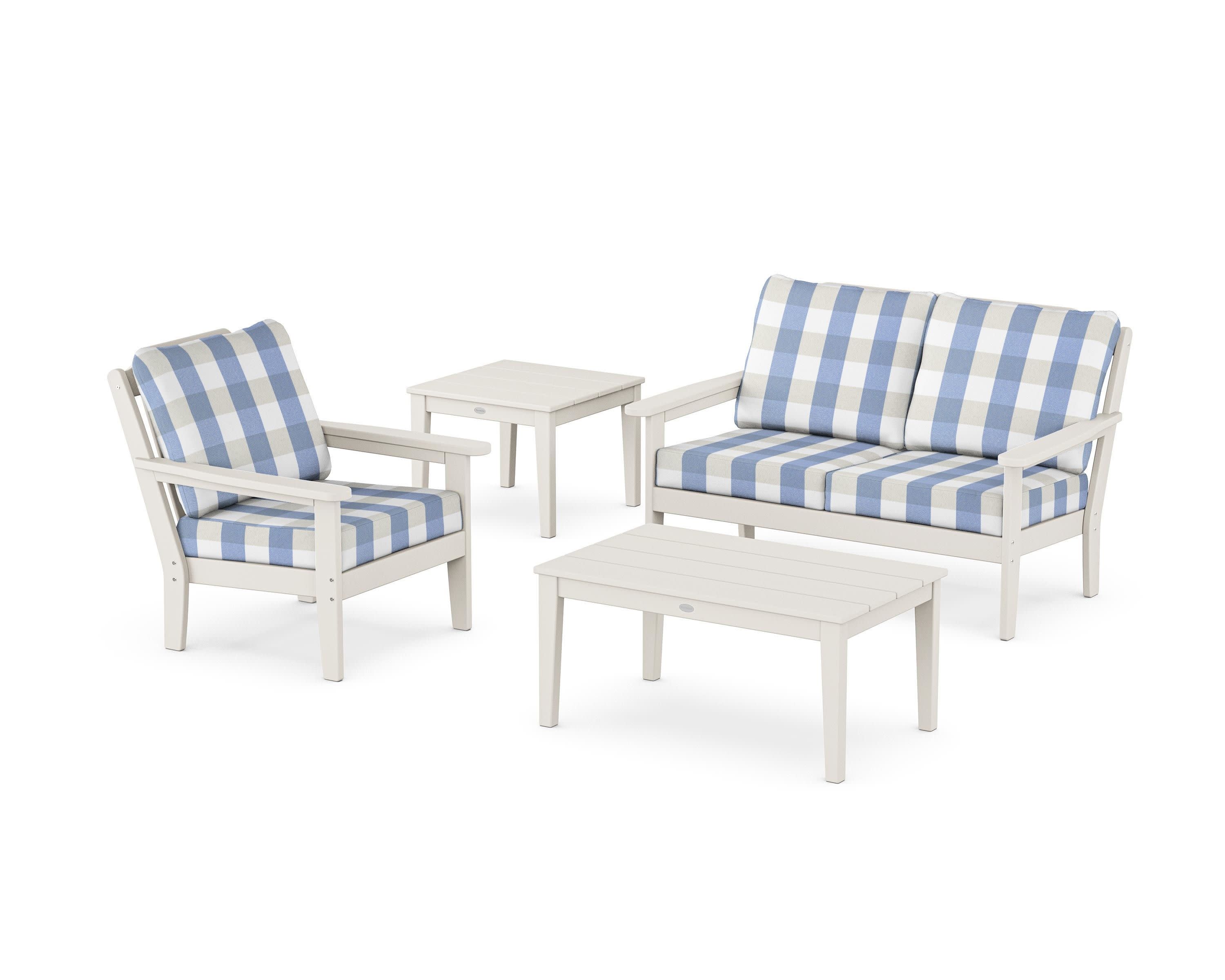 Wovendale 4-Piece Deep Seating Set in Sand / Buffalo Plaid Sky Blue