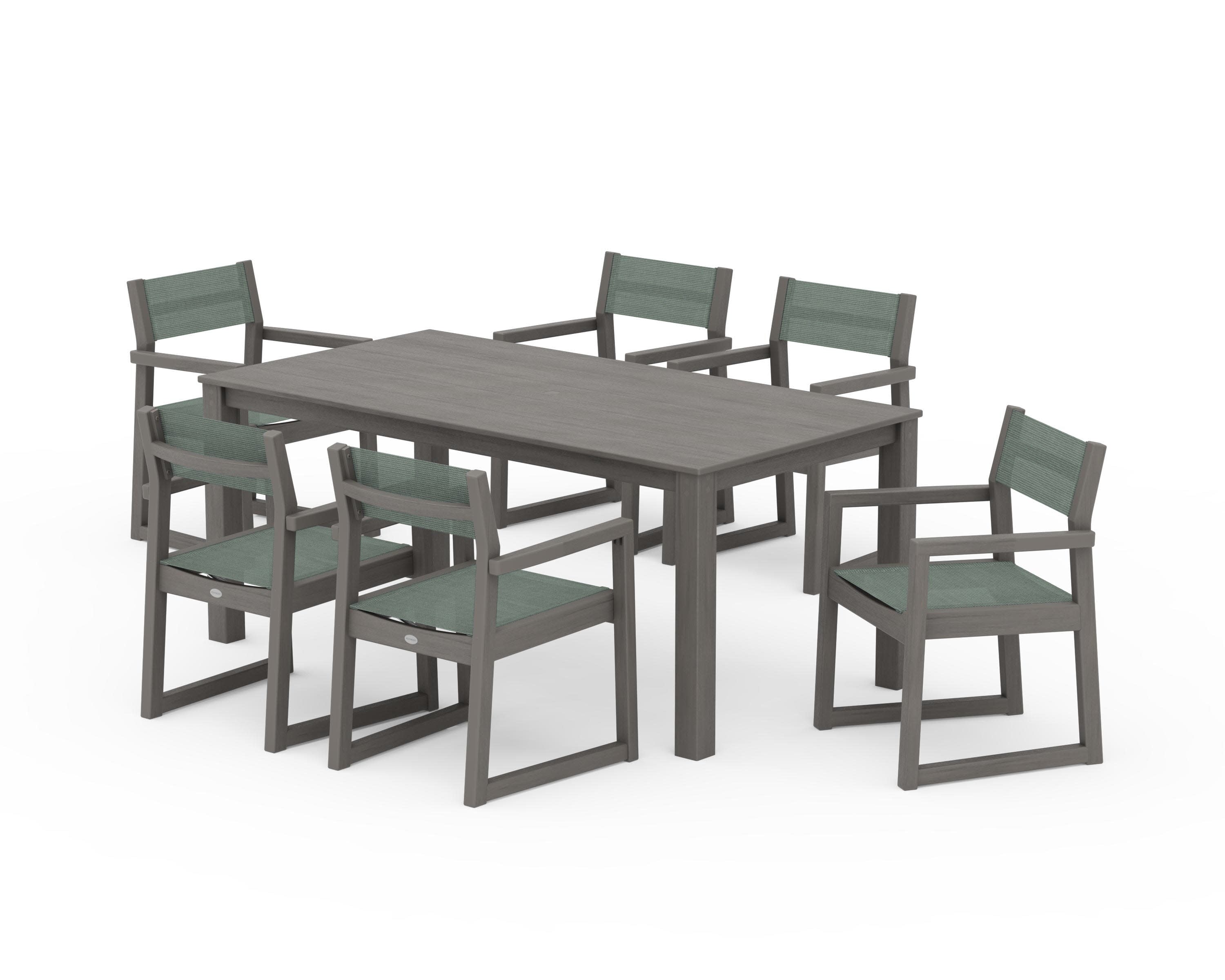 EDGE Sling Arm Chair 7-Piece Parsons Dining Set in Driftwood / Dupioni Sea Mist Sling