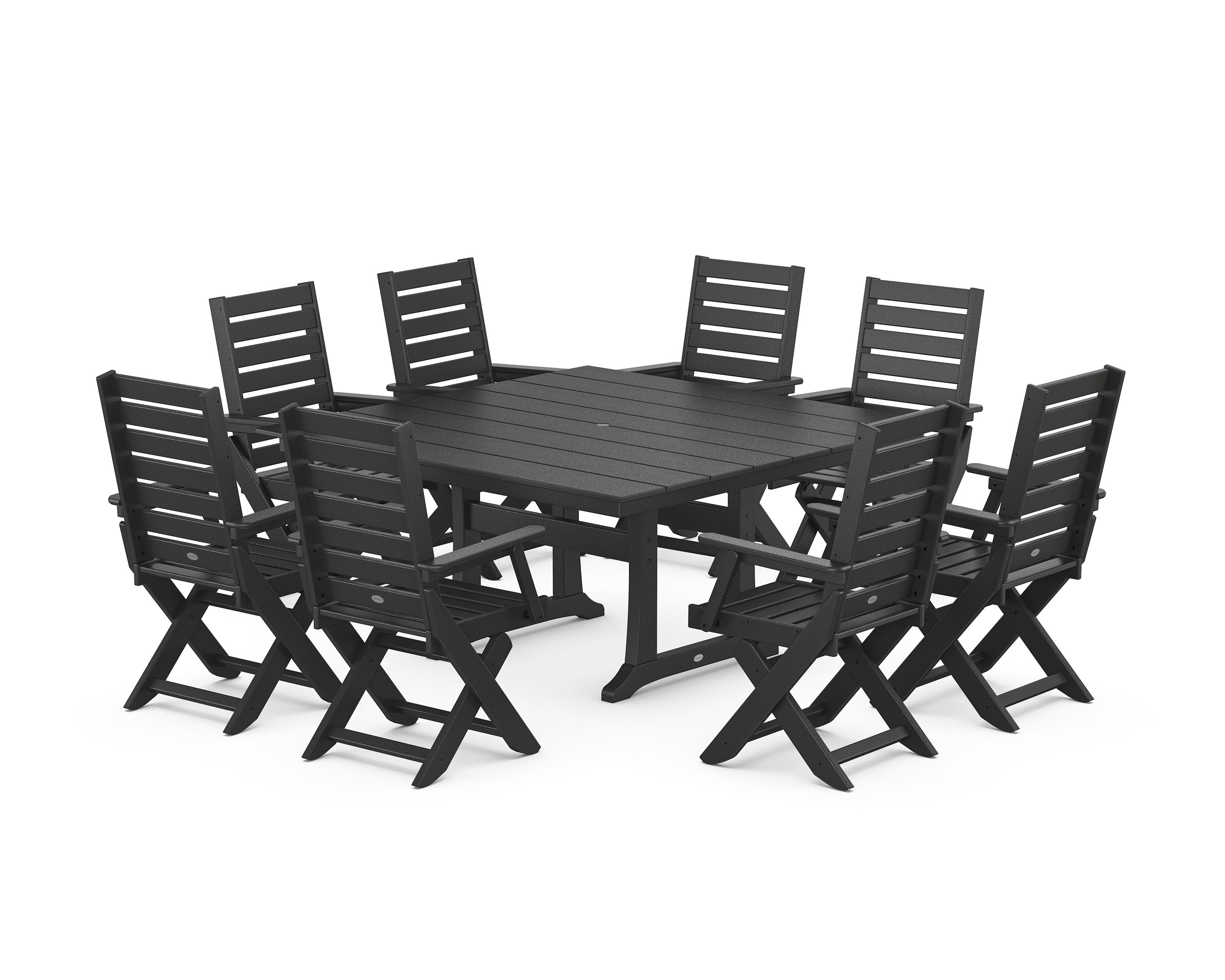 Captain Folding Chair 9-Piece Square Farmhouse Dining Set with Trestle Legs in Black