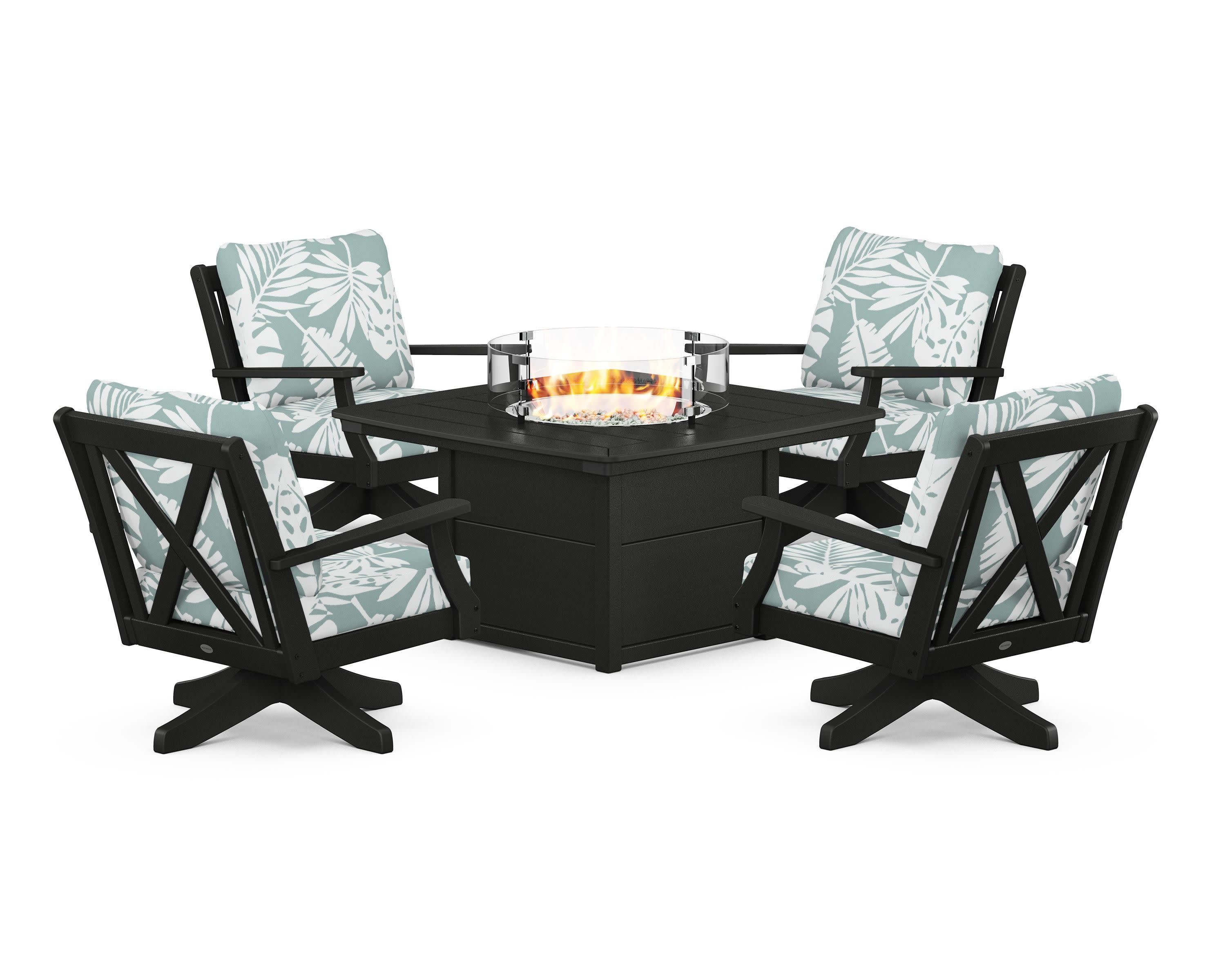 Braxton 5-Piece Deep Seating Swivel Conversation Set with Fire Pit Table in Black / Leaf Glacier Spa