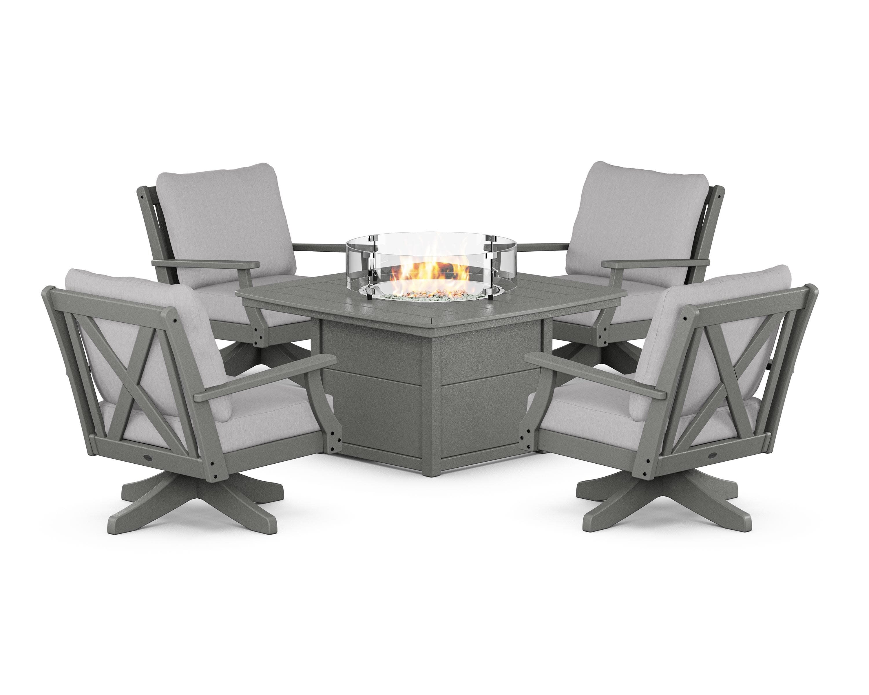 Braxton 5-Piece Deep Seating Swivel Conversation Set with Fire Pit Table in Slate Grey / Granite