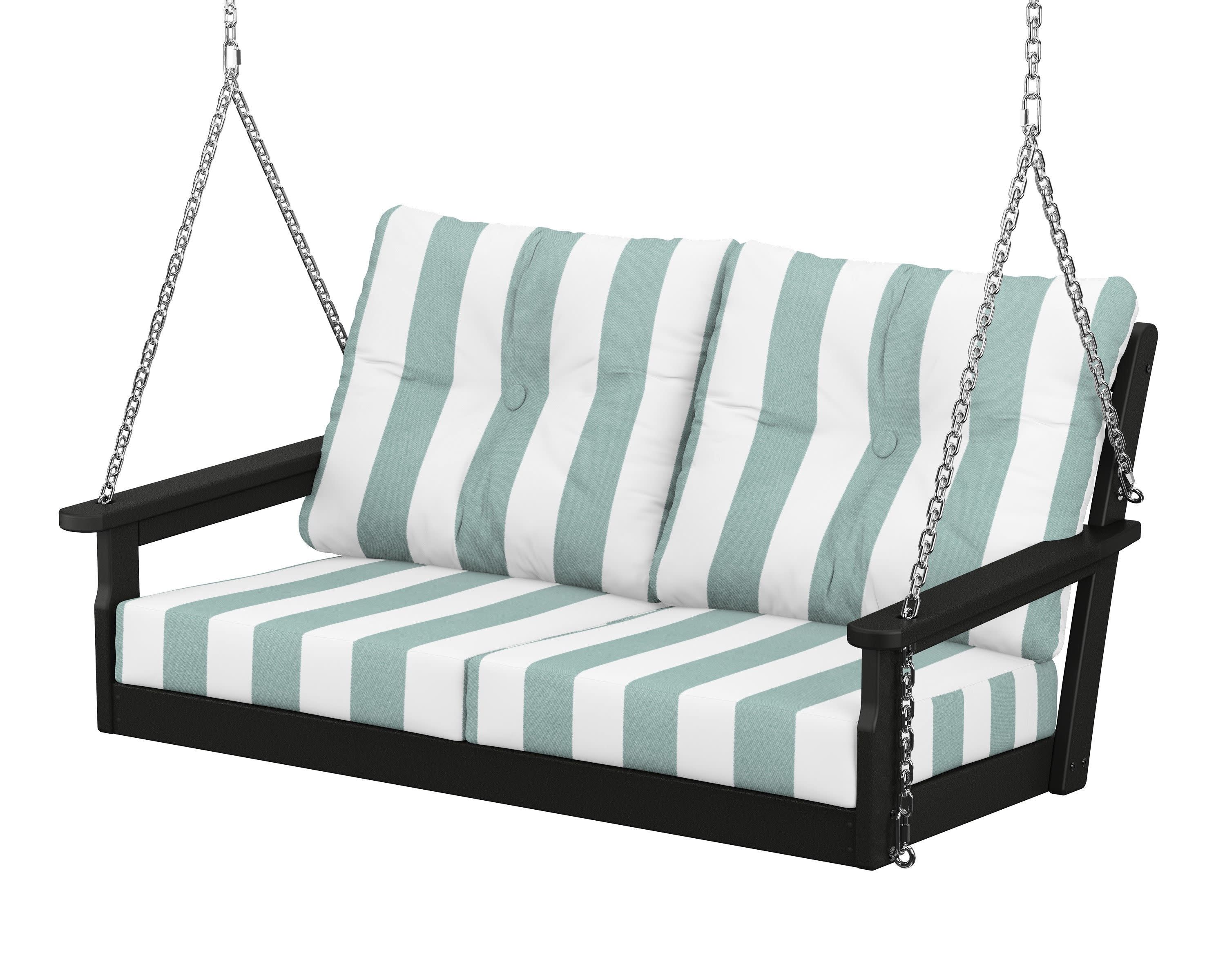 Vineyard Deep Seating Swing in Black / Cabana Stripe Glacier Spa