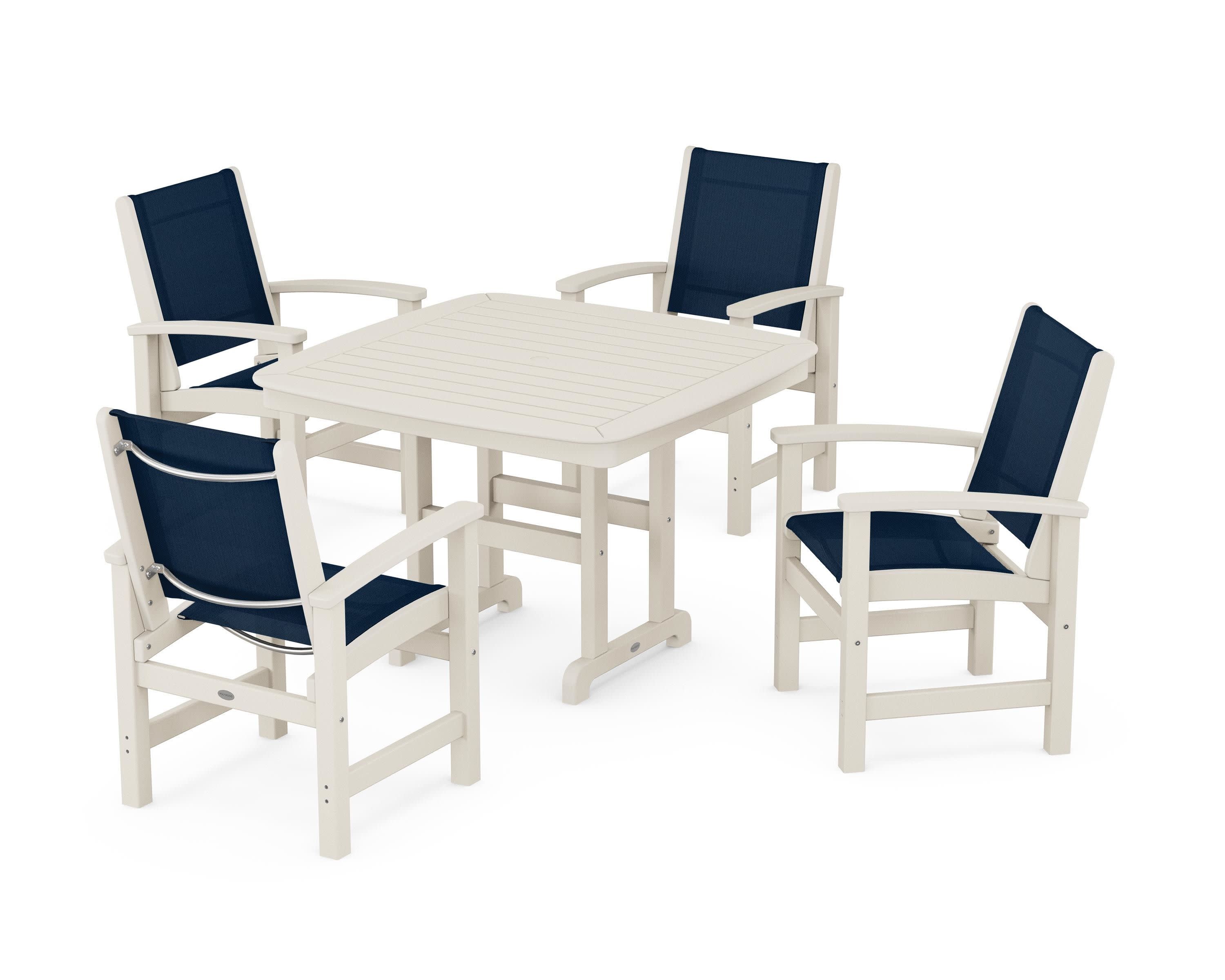Coastal 5-Piece Dining Set in Sand / Navy Blue Sling