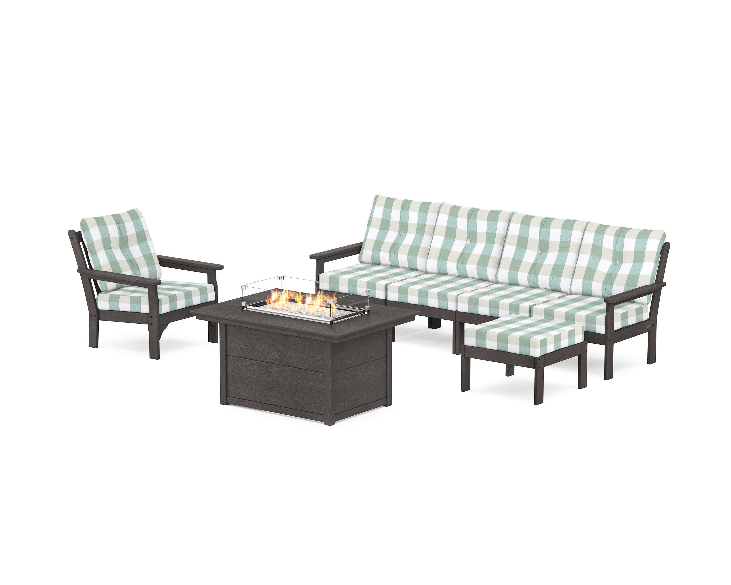 Vineyard Sectional Lounge and Fire Pit Set in Vintage Coffee / Buffalo Plaid Glacier Spa