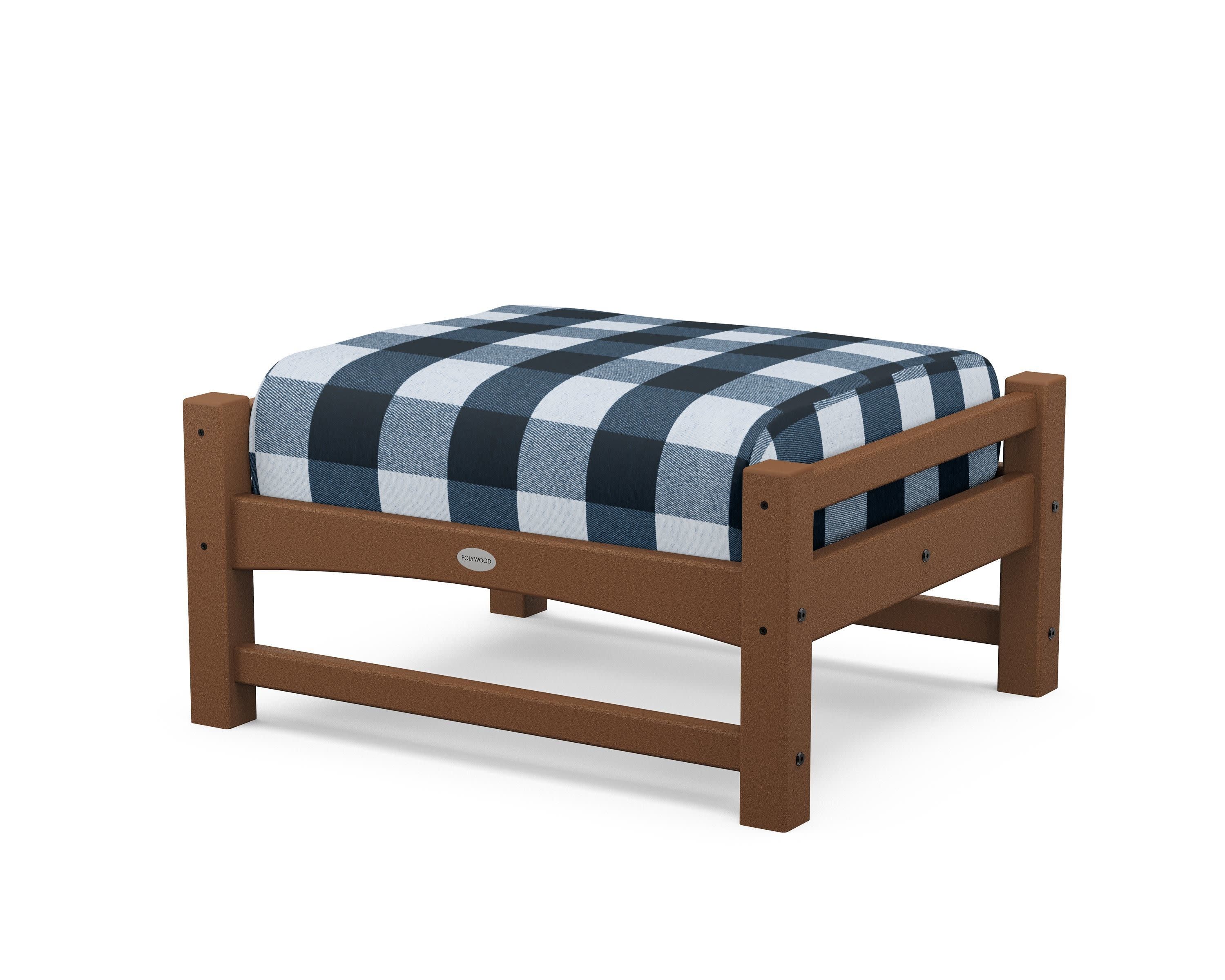 Club Ottoman in Teak / Buffalo Plaid Marine Indigo