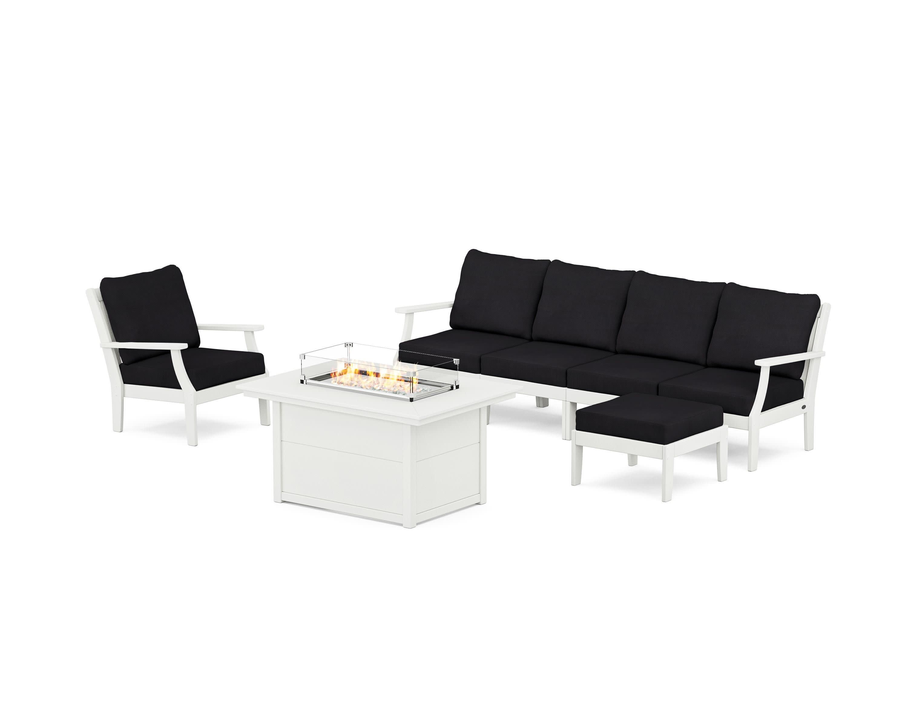 Braxton Sectional Lounge and Fire Pit Set in Vintage White / Midnight Linen