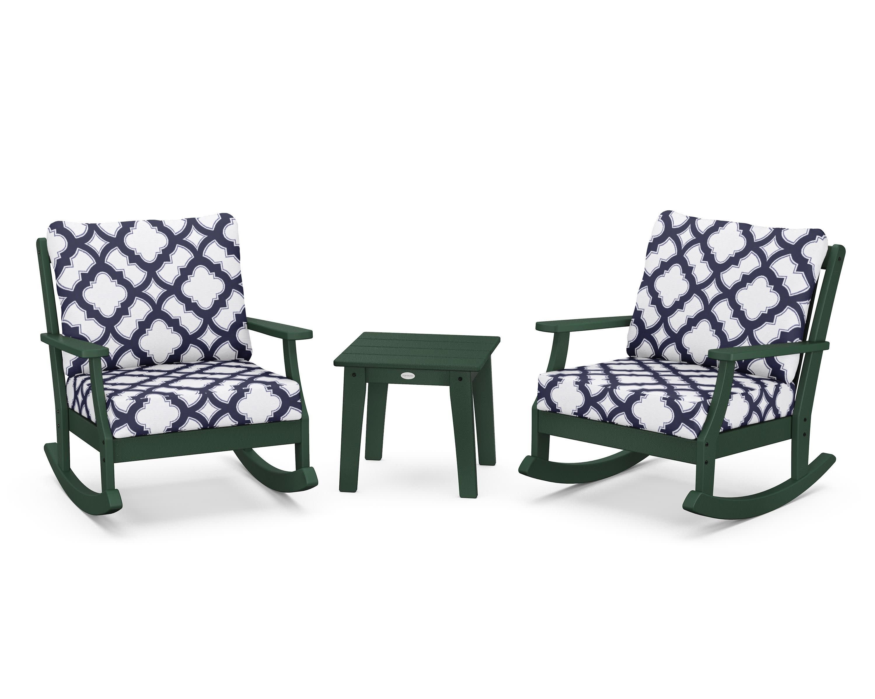 Braxton 3-Piece Deep Seating Rocker Set in Green / Trellis Navy