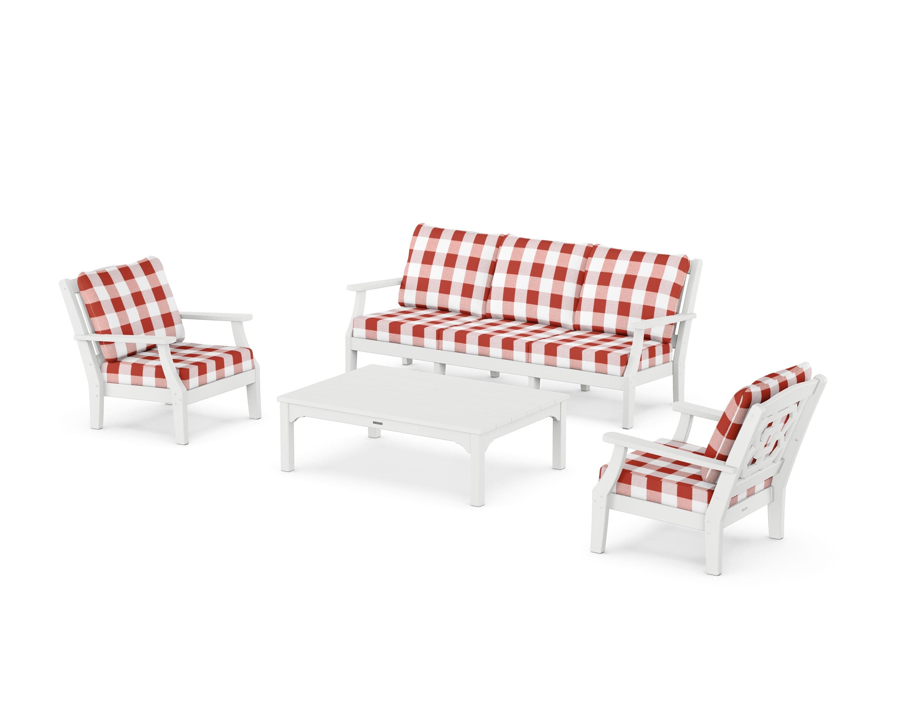 Chinoiserie 4-Piece Deep Seating Set with Sofa in White / Buffalo Plaid Crimson