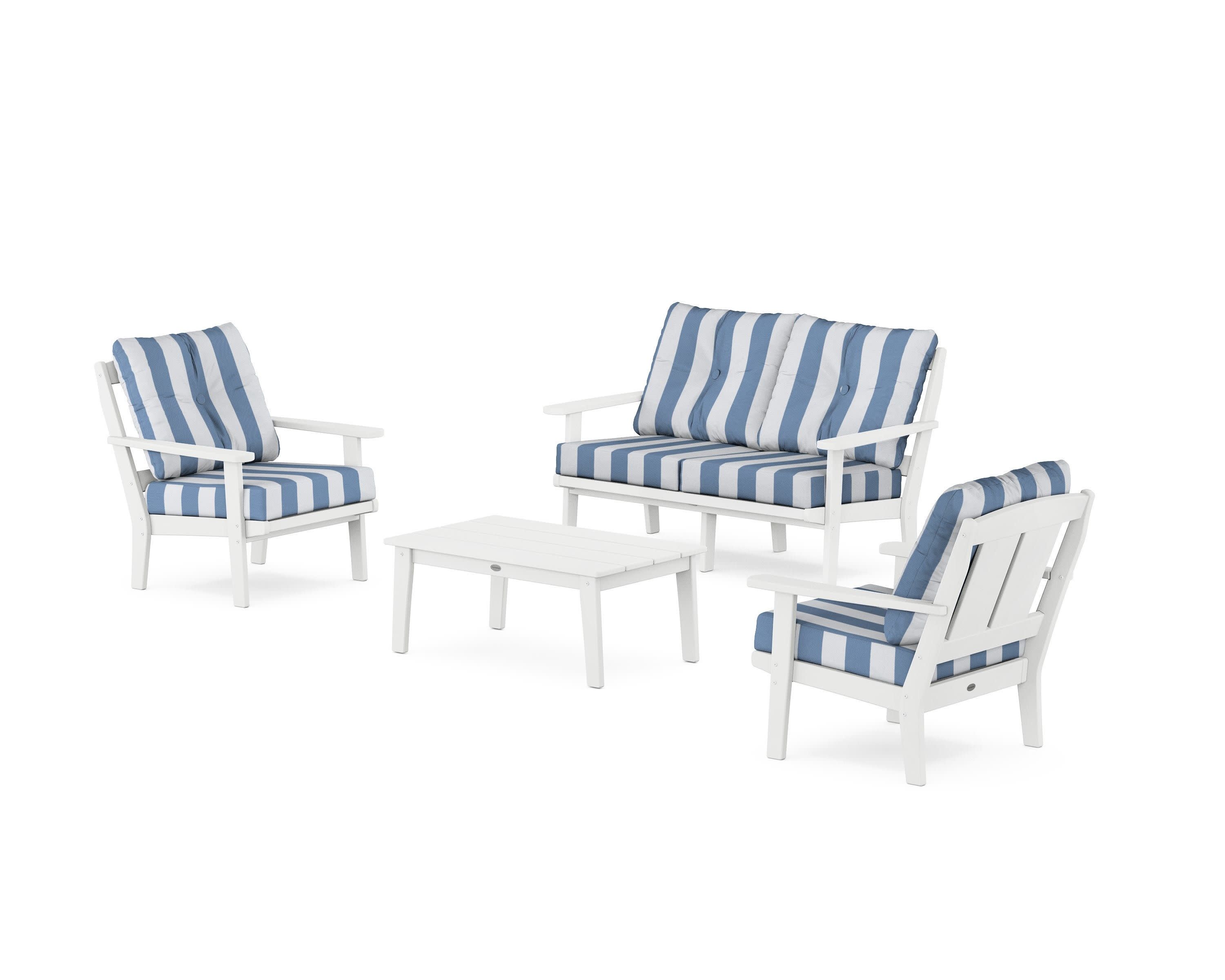 Mission 4-Piece Deep Seating Set with Loveseat in White / Cabana Stripe Sky Blue