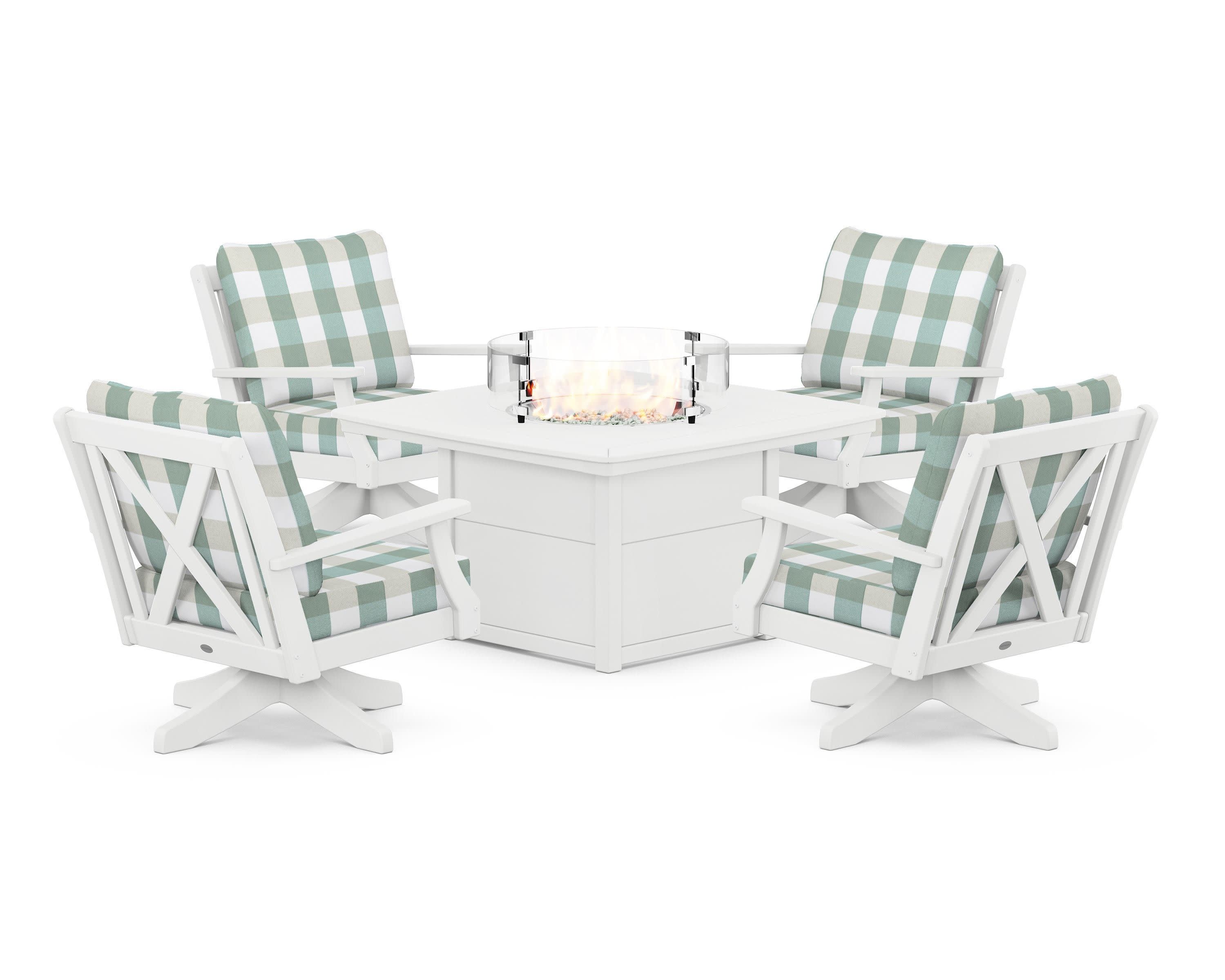 Braxton 5-Piece Deep Seating Swivel Conversation Set with Fire Pit Table in White / Buffalo Plaid Glacier Spa