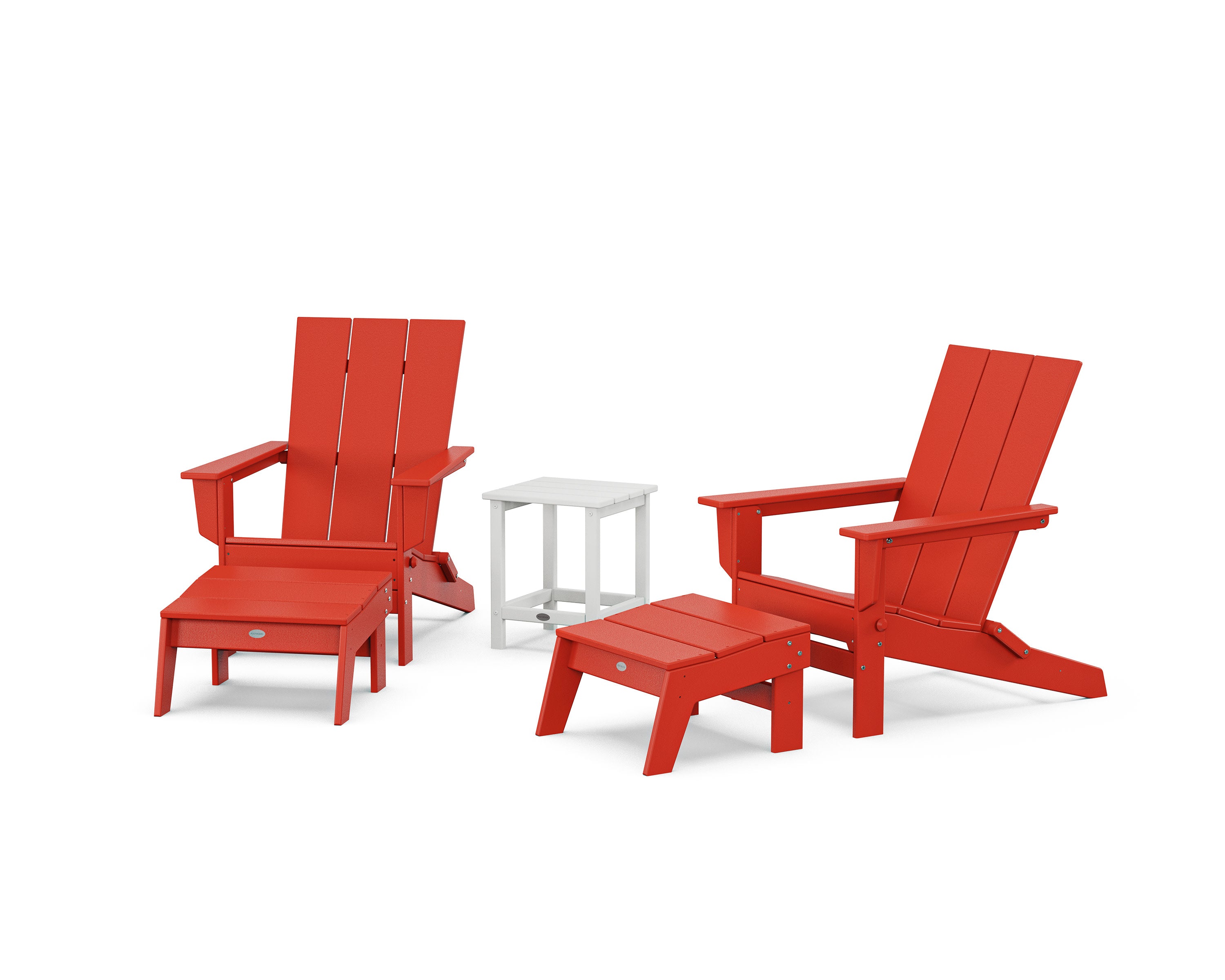 5-Piece Modern Studio Folding Adirondack Set with Ottomans and Side Table in Sunset Red / White