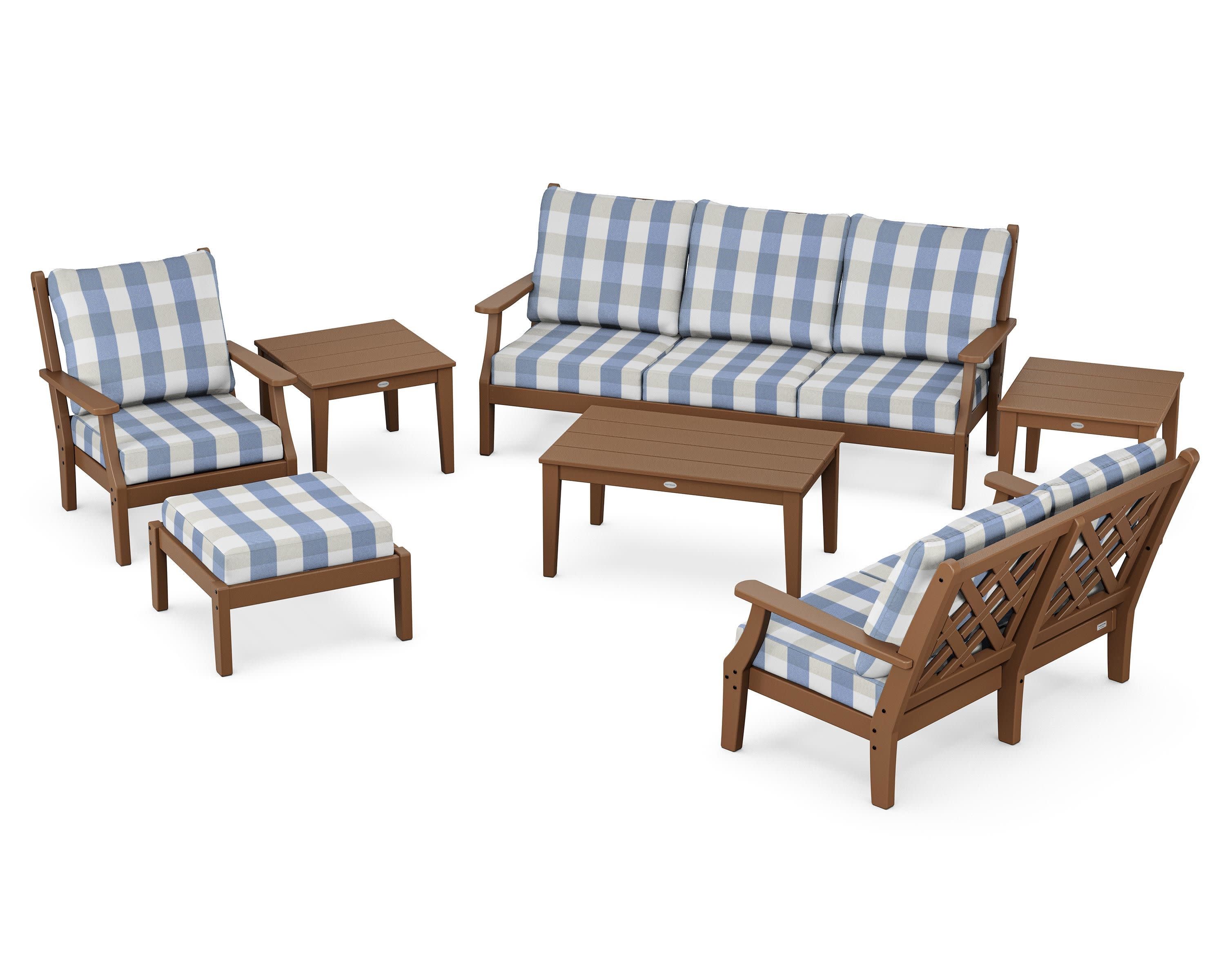 Wovendale 7-Piece Deep Seating Set in Teak / Buffalo Plaid Sky Blue