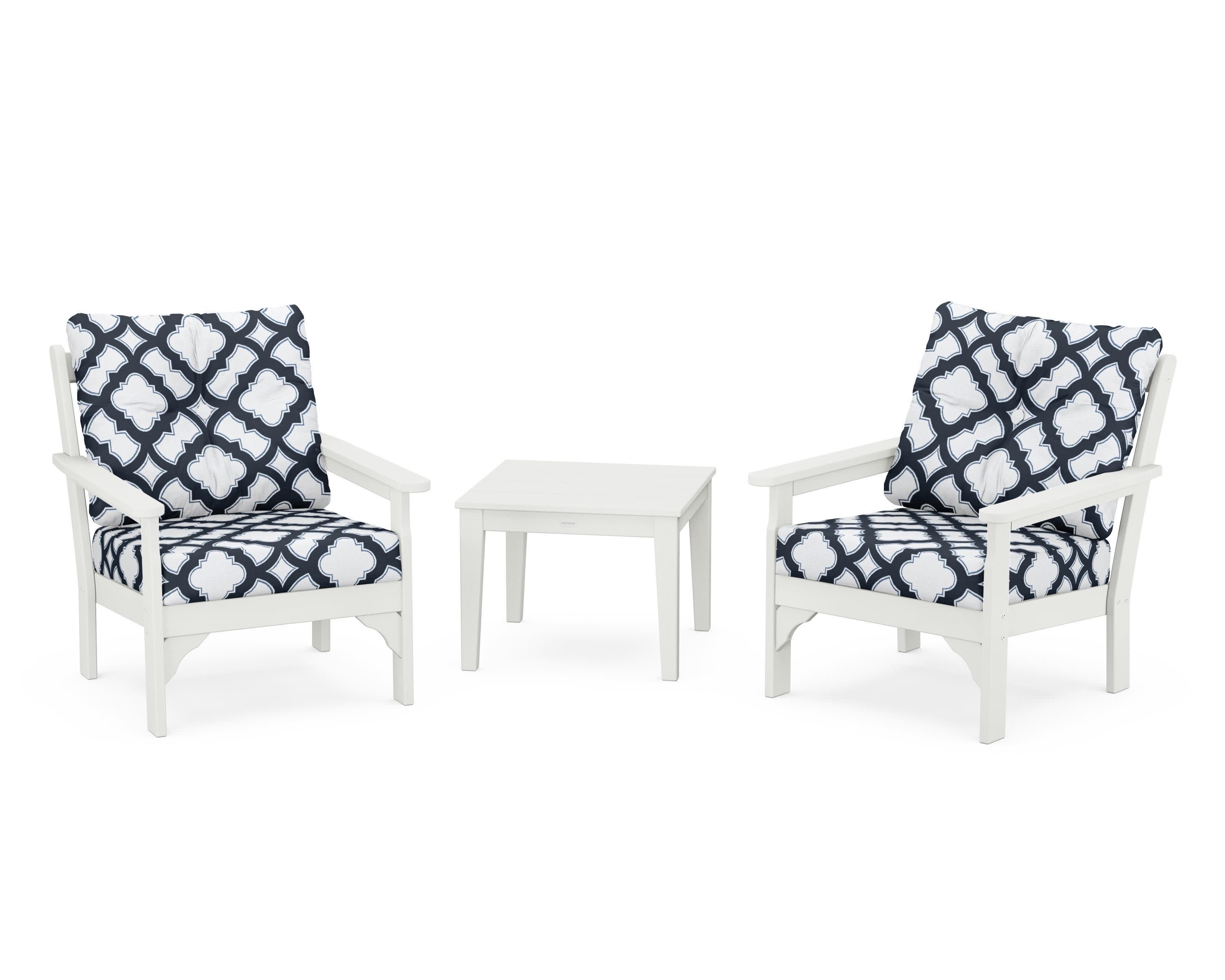 Vineyard 3-Piece Deep Seating Set in Vintage White / Trellis Marine Indigo