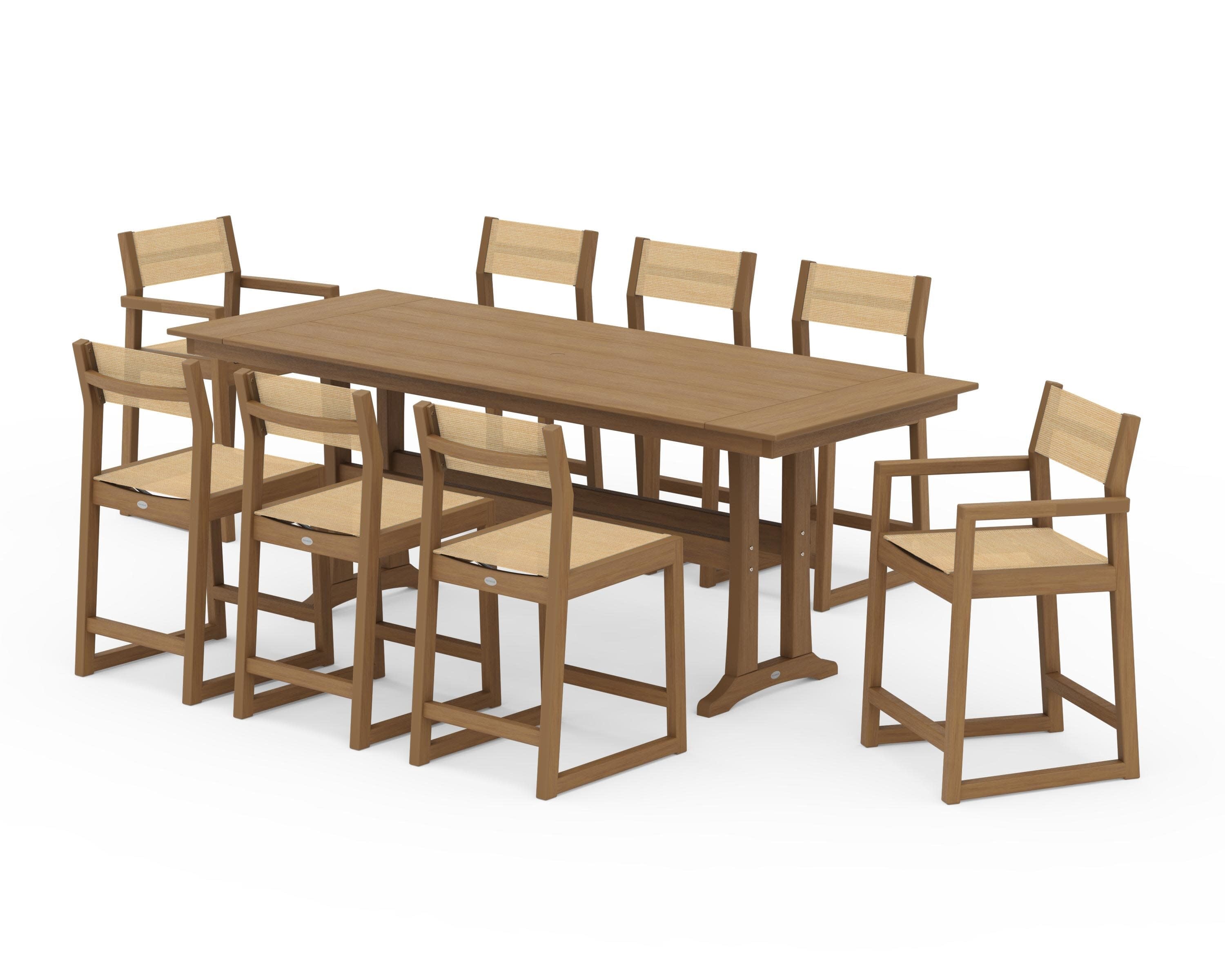 EDGE Sling 9-Piece Farmhouse Counter Set with Trestle Legs in Natural / Dupioni Apricot Sling