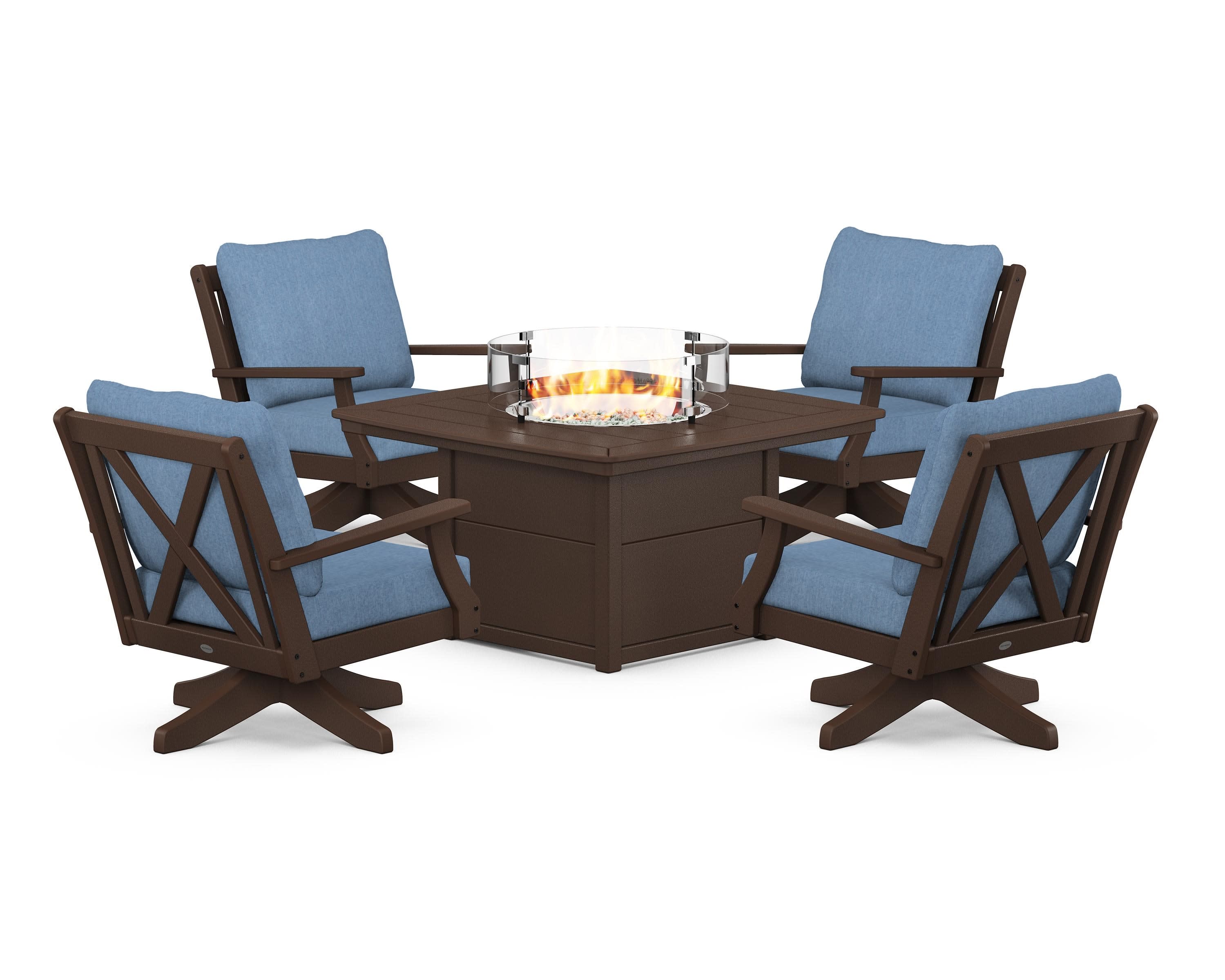 Braxton 5-Piece Deep Seating Swivel Conversation Set with Fire Pit Table in Mahogany / Sky Blue