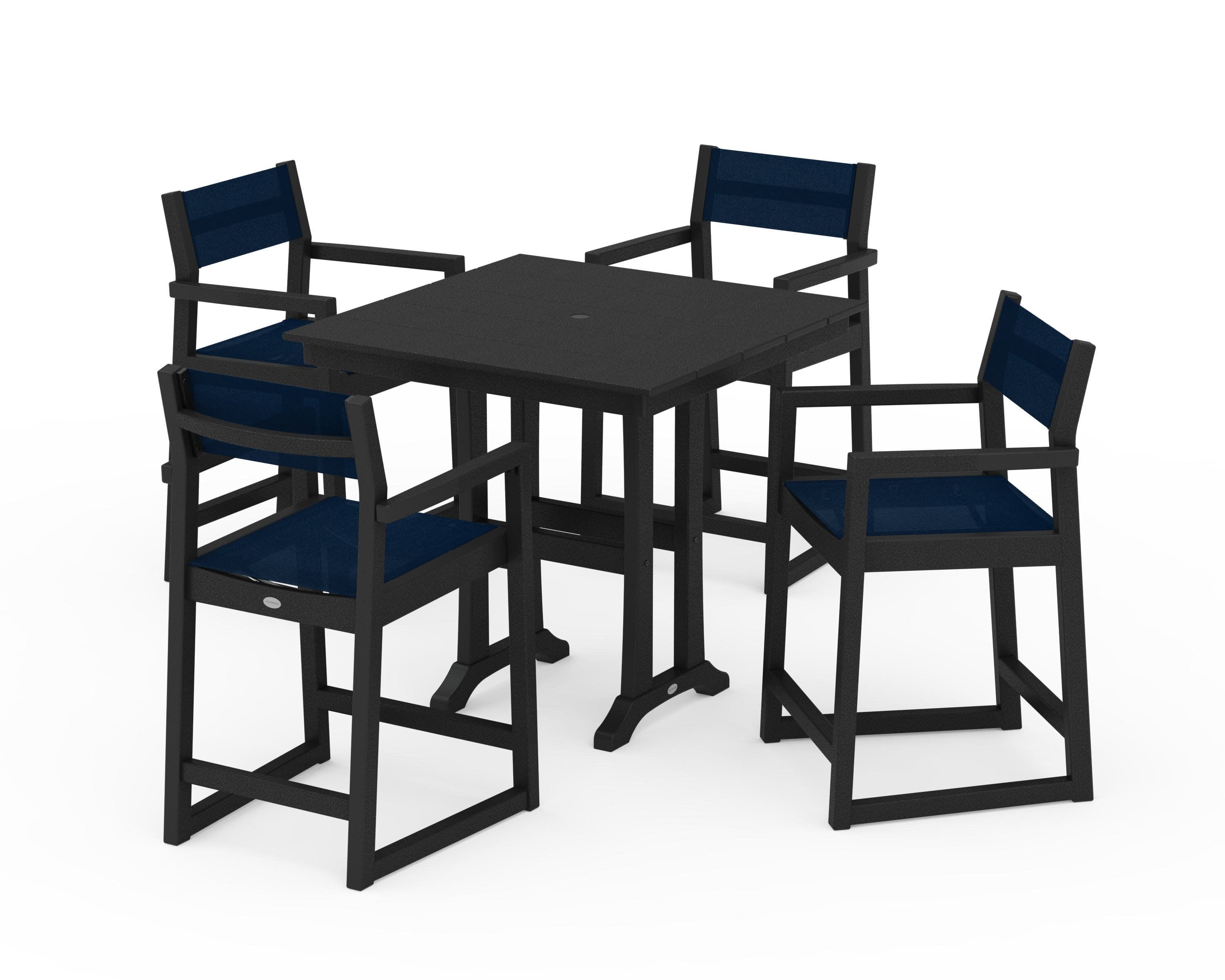 EDGE Sling Arm Chair 5-Piece Farmhouse Counter Set with Trestle Legs in Black / Navy Blue Sling