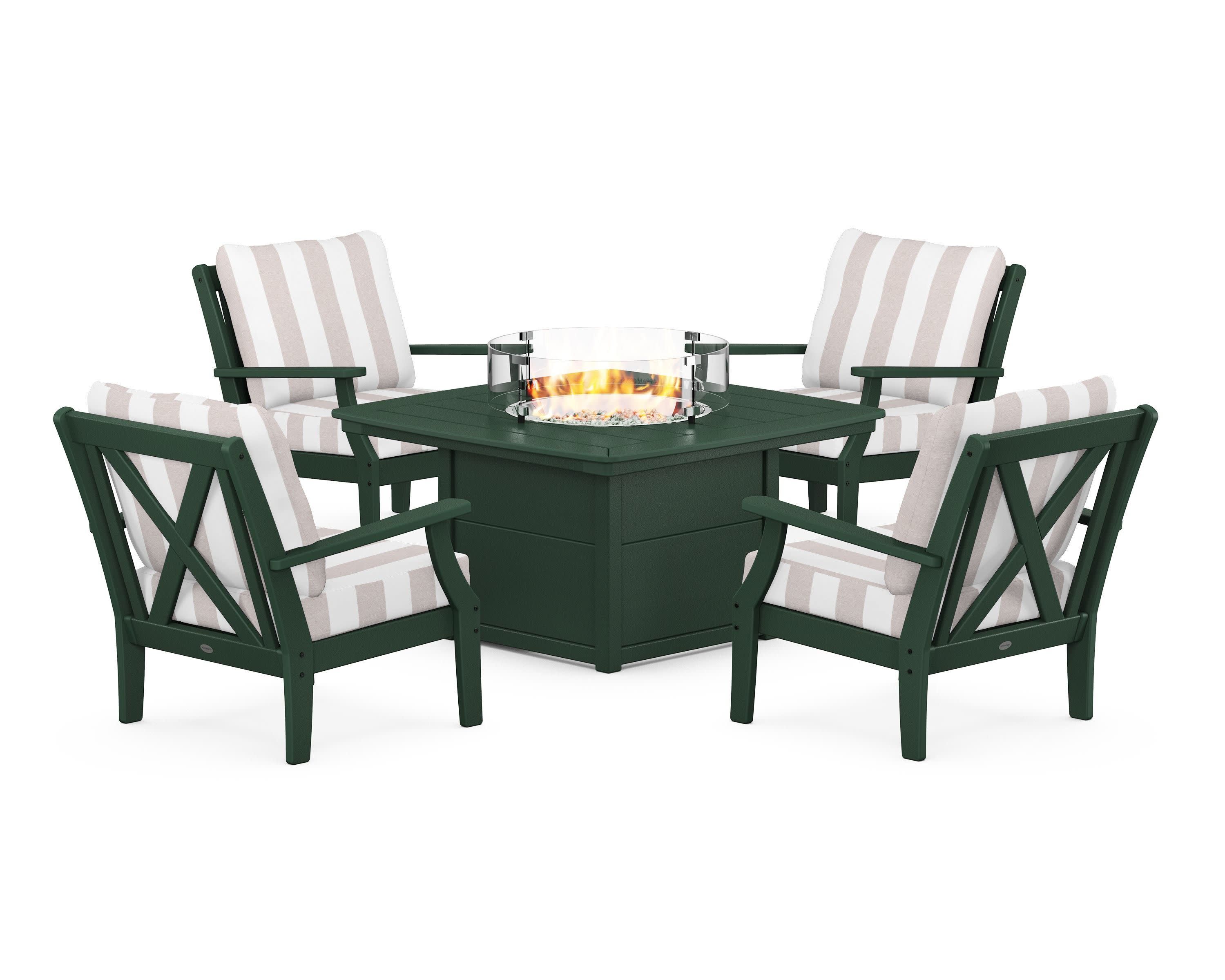 Braxton 5-Piece Deep Seating Conversation Set with Fire Pit Table in Green / Cabana Stripe Dune Burlap