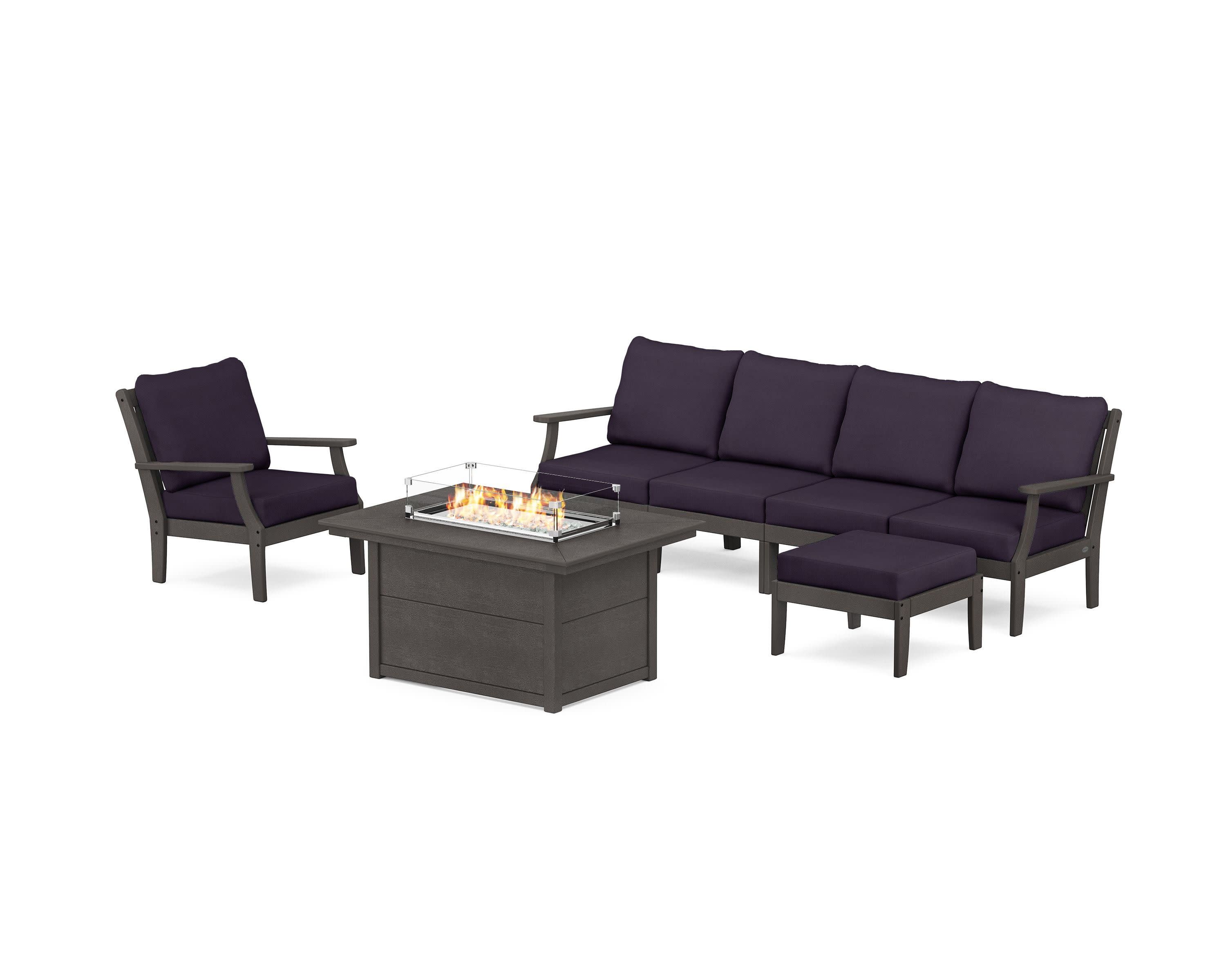 Braxton Sectional Lounge and Fire Pit Set in Vintage Coffee / Navy Linen