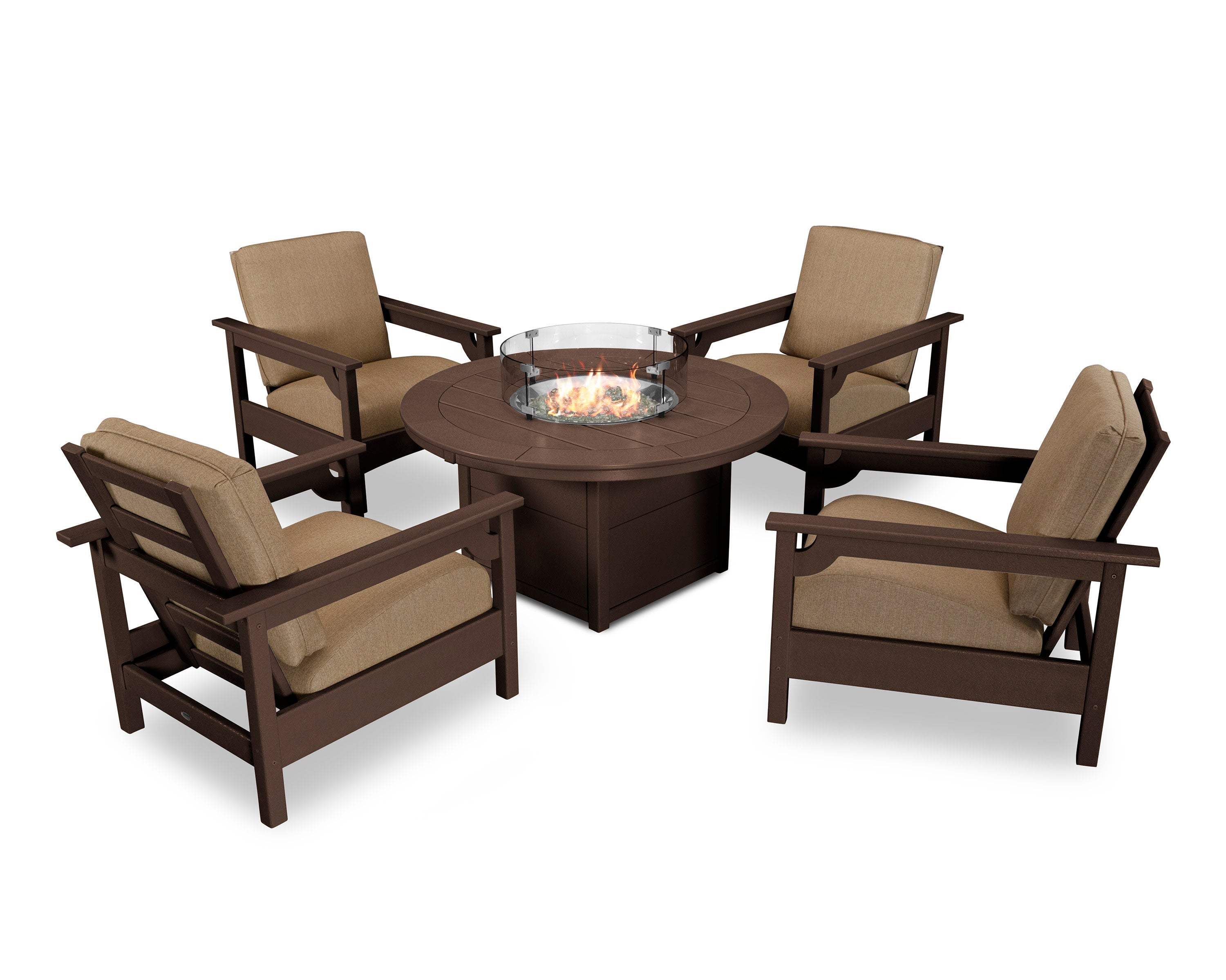 Club 5-Piece Conversation Set with Fire Pit Table in Mahogany / Sesame