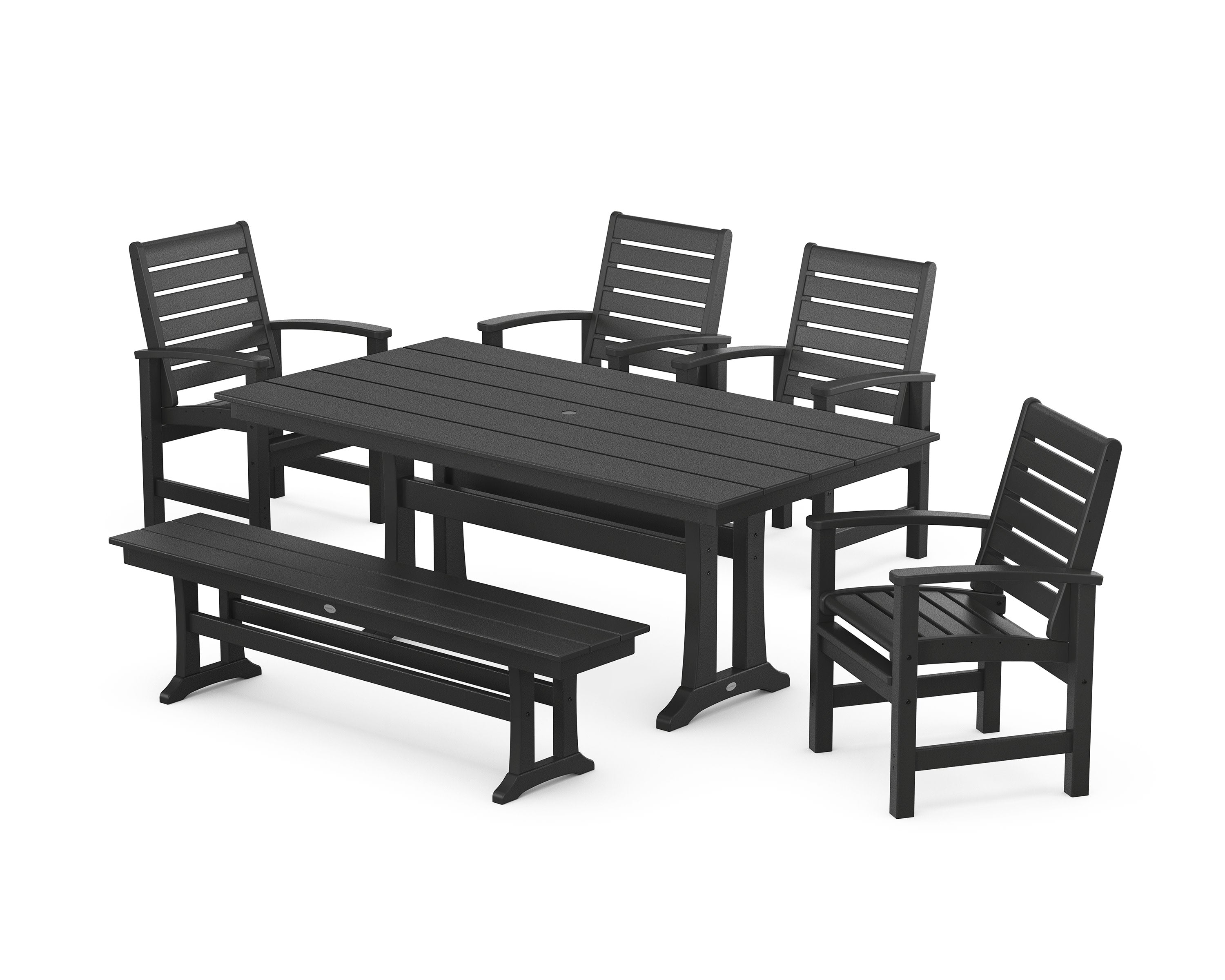 Signature 6-Piece Farmhouse Dining Set with Trestle Legs and Bench in Black