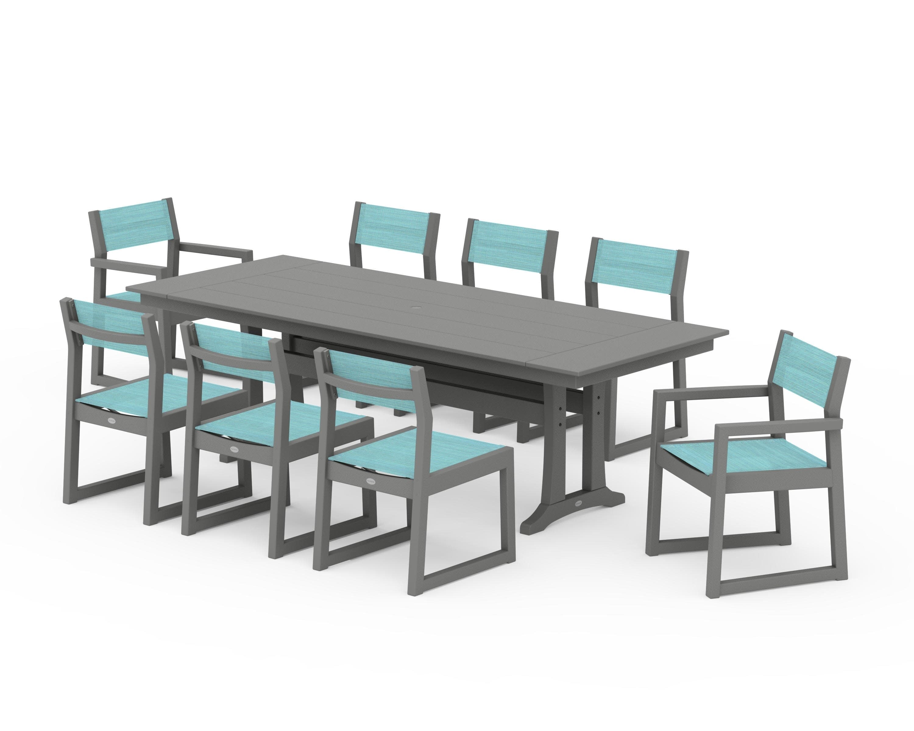 EDGE Sling 9-Piece Farmhouse Trestle Dining Set in Slate Grey / Dupioni Aquamarine Sling