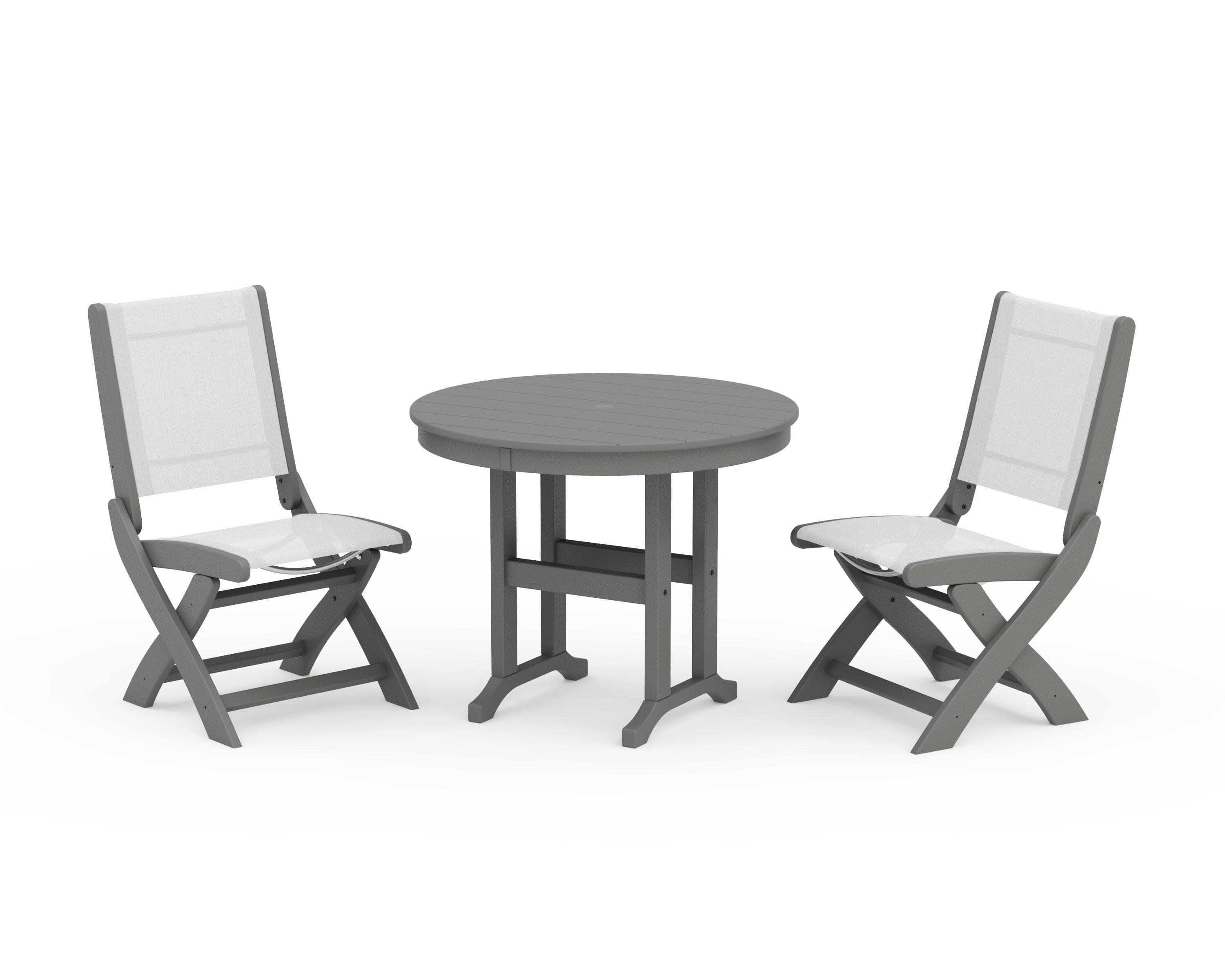 Coastal Folding Side Chair 3-Piece Round Dining Set in Slate Grey / White Sling