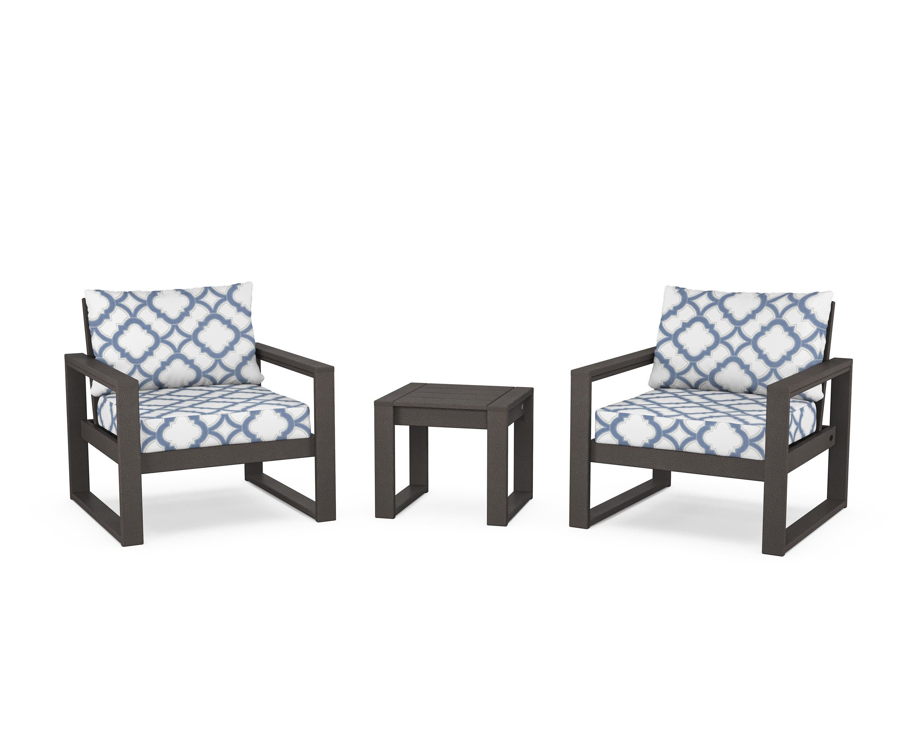 EDGE Sectional 3-Piece Deep Seating Set in Vintage Coffee / Trellis Sky Blue