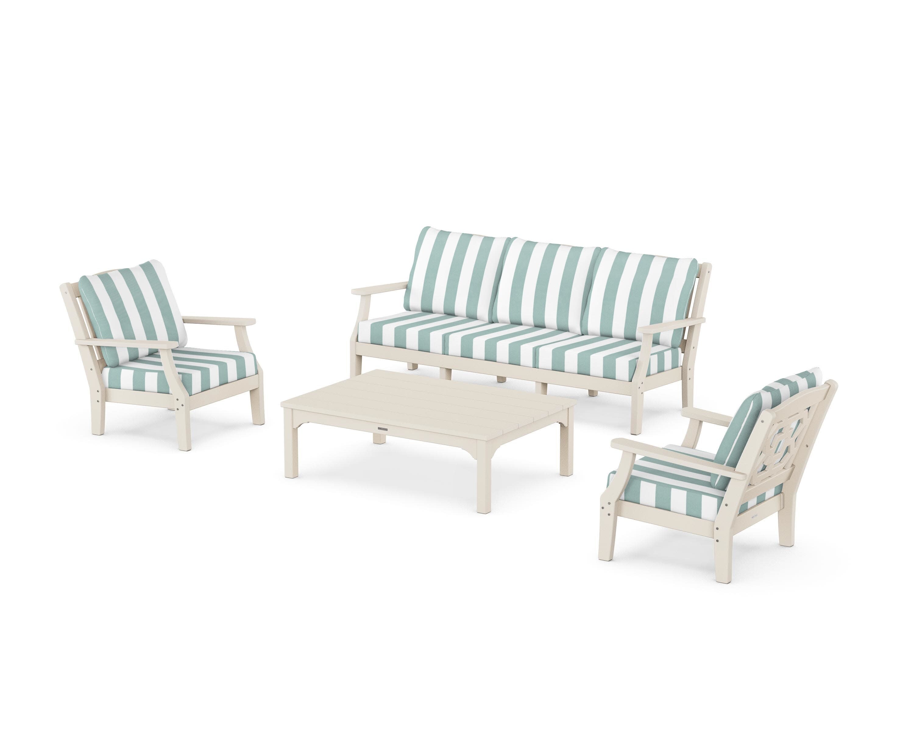 Chinoiserie 4-Piece Deep Seating Set with Sofa in Sand / Cabana Stripe Glacier Spa