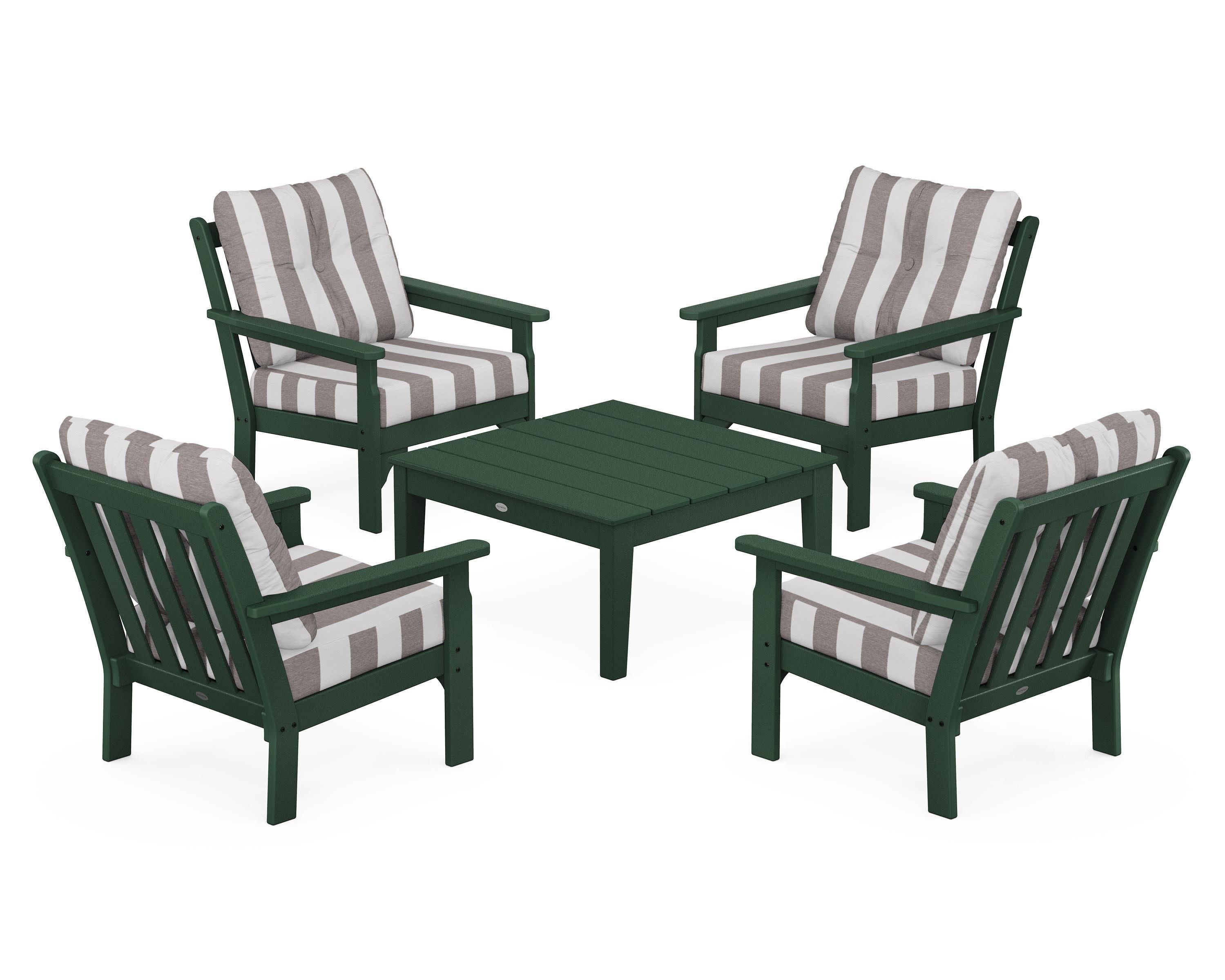 Vineyard 5-Piece Deep Seating Conversation Set in Green / Cabana Stripe Grey Mist
